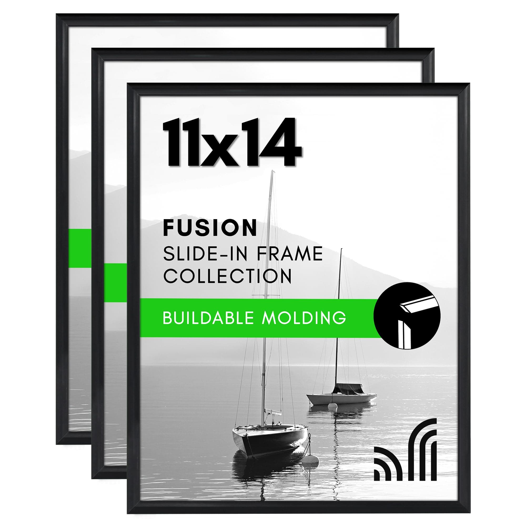 Americanflat 11x14 Picture Frame with Polished Front Cover - Set of 3 - Slide-In Photo Frame with Buildable Molding - Fusion Collection - Picture Frames for Wall Display - Black