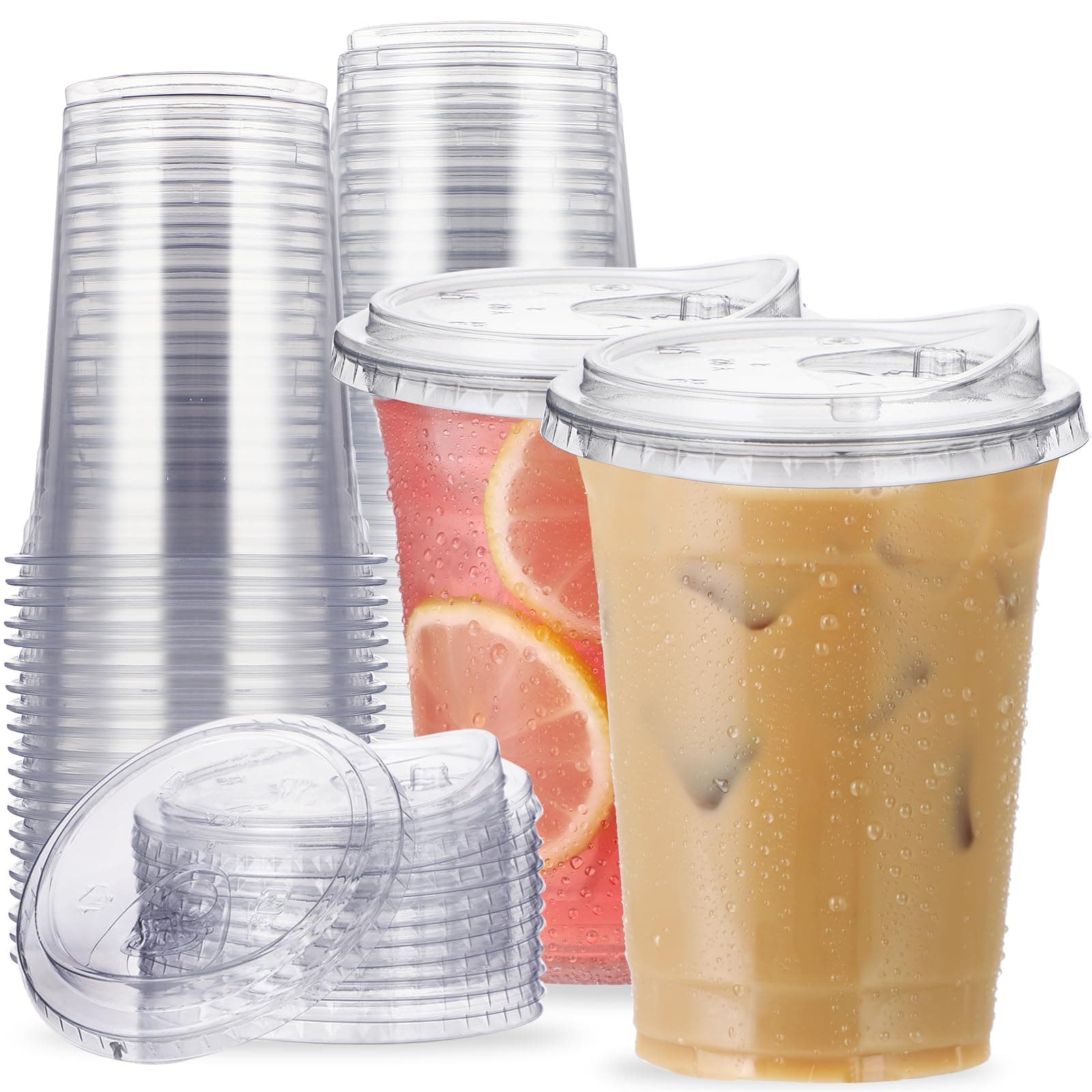 16 oz Clear Plastic Cups with Strawless-Sip-Lids, 25 Sets Disposable Cup Plastic Iced Coffee Cups, To Go Cup with Sip Through Lids for Smoothie, Milkshake, Cold Drinks for Party, Wedding, Event
