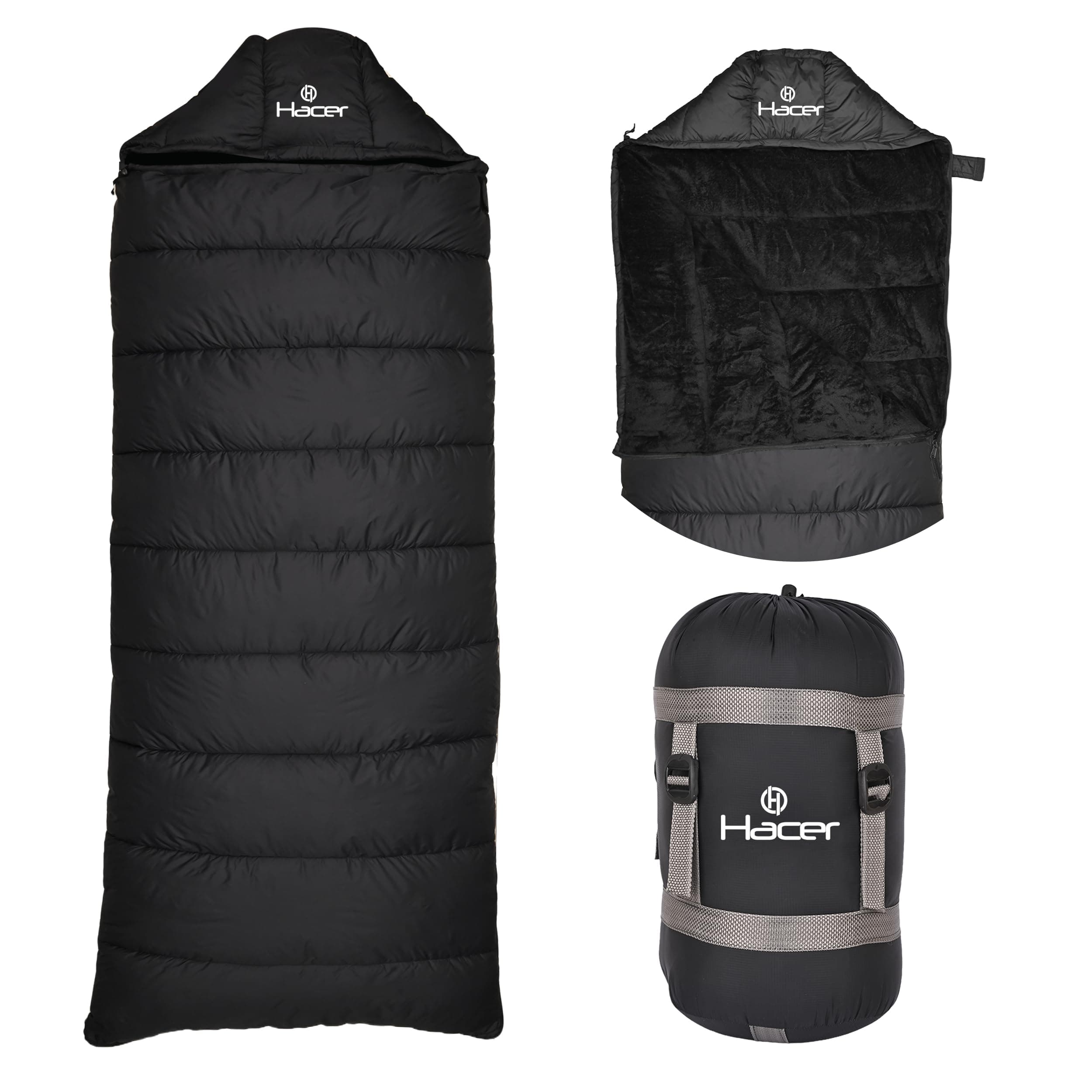 Hacer Kedarkantha Camping Sleeping Bag -5°C to +5°C Half Mummy & Half Rectangle Shape Soft Faux Fur Lining Design Hiking Trekking Travel for Baby, Men & Women - Height Upto 7.2ft- (Dark, Black, 2 kg)