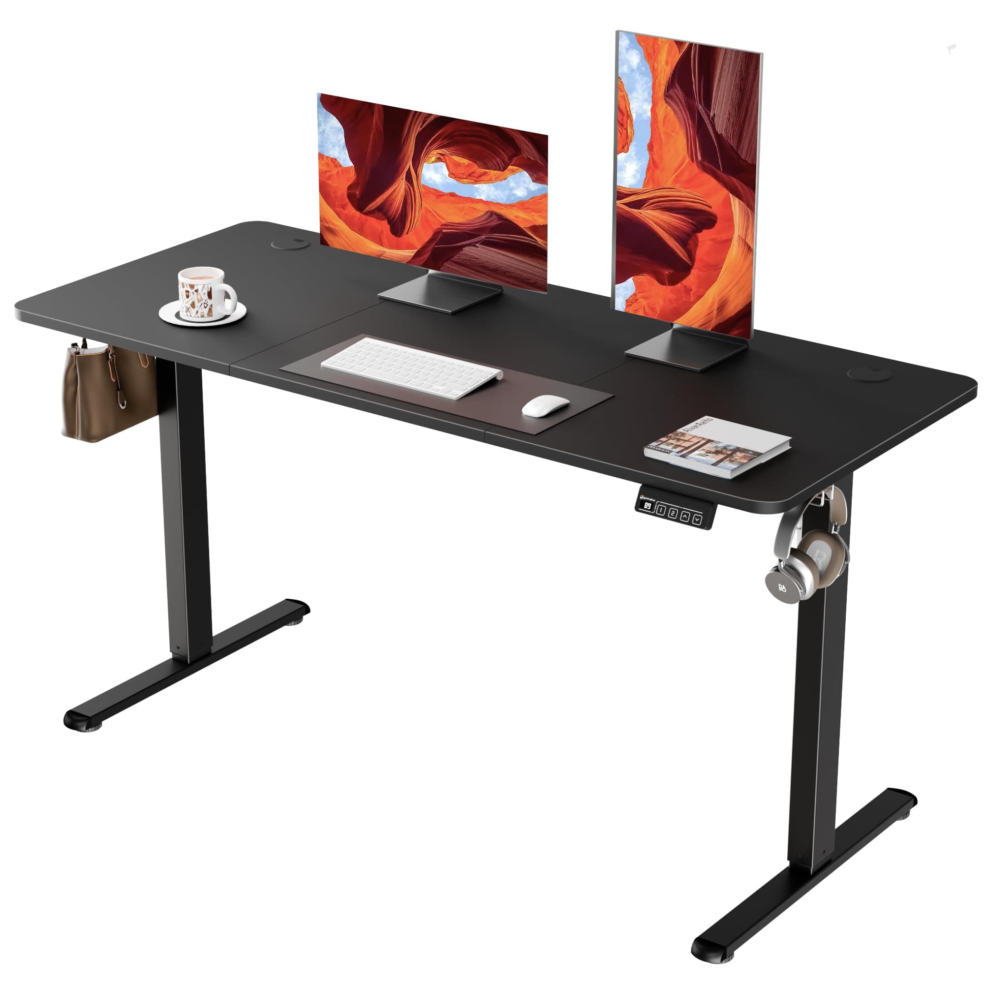 ERGOMAKER Electric Standing Desk, 140 x 60 cm Height Adjustable Sit Stand Desk with Splice Board for Home Office, Computer Table Memory Preset (Black Frame, Black Desktop)