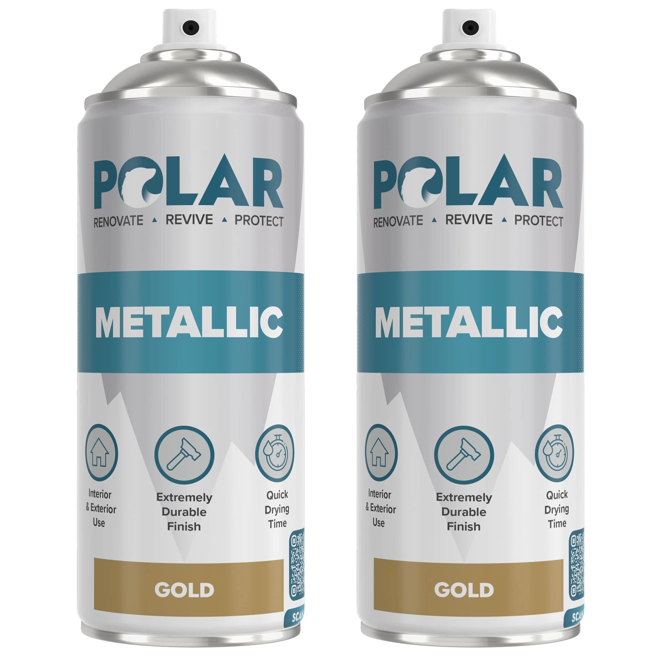 Polar Metallic Spray Paint - 2 x 400 ml, Gold - For Plastic, Metal, Wood, Glass, Ceramics & Ornaments - Multi-Purpose Scratch-Resistant Coating - Interior & Exterior - Quick Drying & Easy to Apply