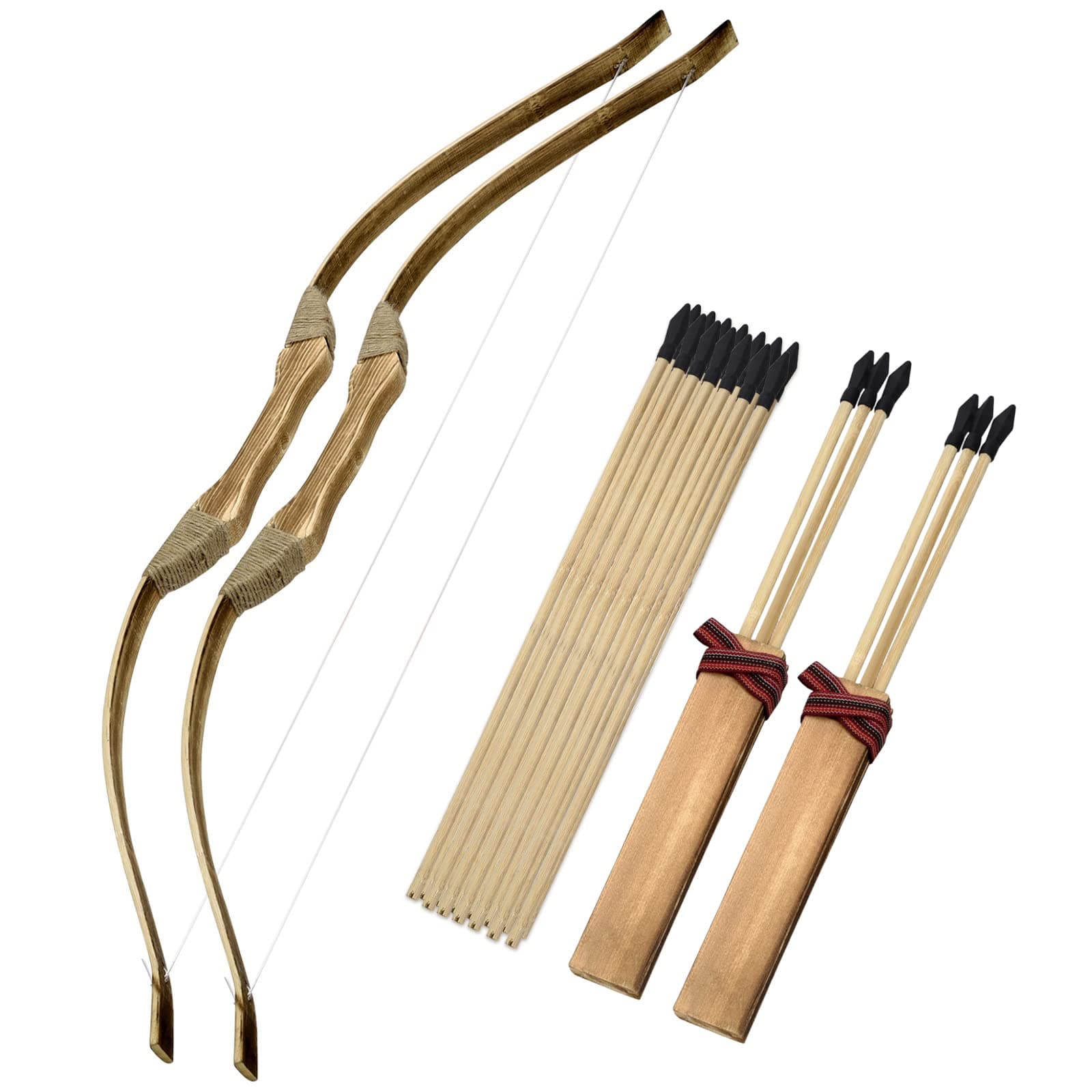 2 Pack Kids Bow and Arrow Set, 32 Inch Archery Set Handmade Wooden Toy Bow and Arrow for Kids 4-6 8-12, Cosplay Game Costume Prop Play, 2 Bows 2 Quivers and 20 Wood Arrows, Gifts for Youth Boys Girls