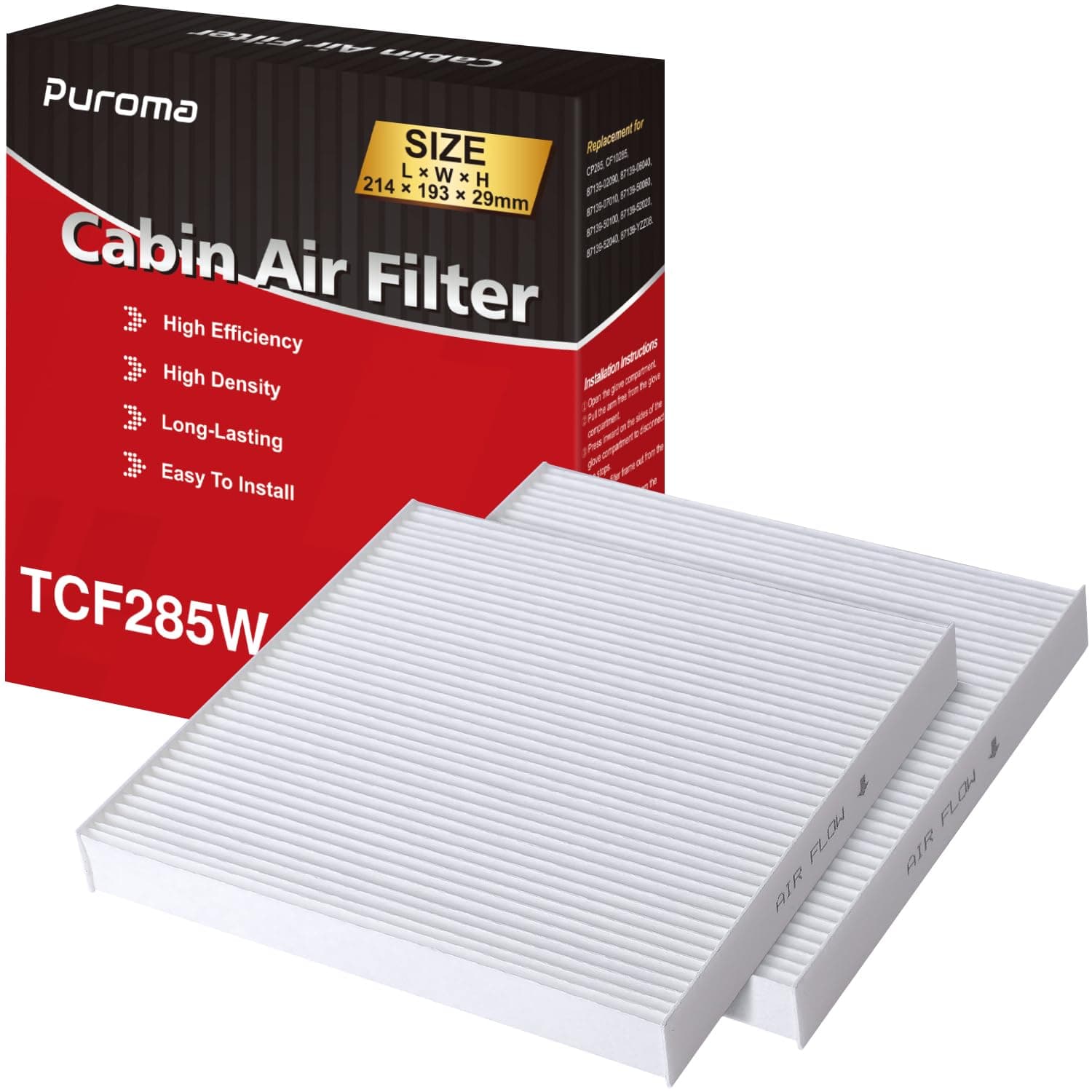 Puroma 2 Pack Cabin Air Filter with Multiple Fiber Layers Replacement for CP285, CF10285, Toyota Camry, RAV4, Highlander, Corolla, 4Runner, Tundra, Prius, Sienna, Lexus, Scion, Subaru, Jaguar