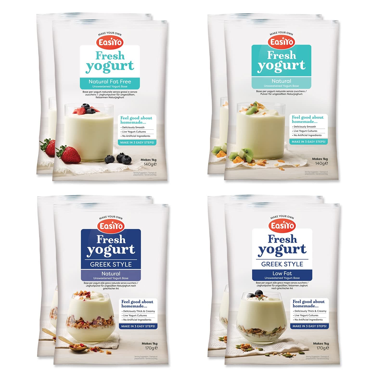 EasiYo Yogurt 8 Sachet Pack | EasiYo Classic Variety Pack | 2 x Greek Style Natural 2 x Low Fat Greek Style 2 x Natural 2 x Fat Free Natural | Each Sachet Makes 1kg of Yogurt
