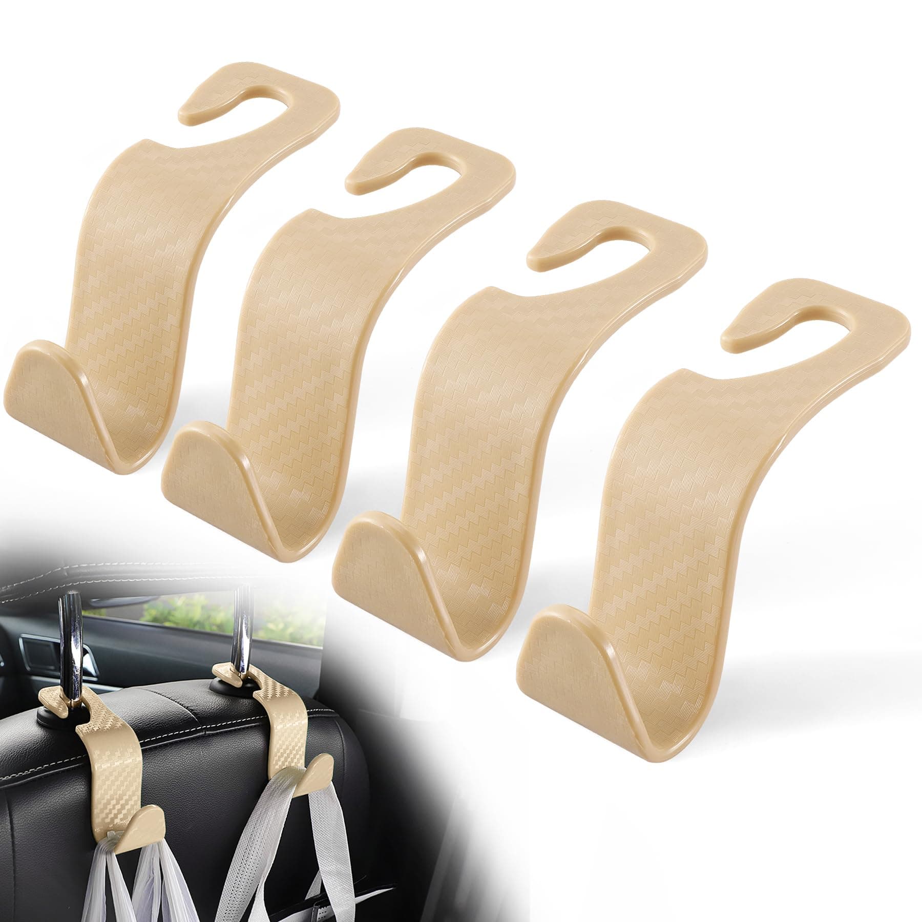 LivTee Car Purse Hook, Headrest Hook for Car, 4 Pack Universal Auto Car Seat Headrest Hook Hangers Organizer for Purse Coat Umbrellas Grocery Bags Handbag, Car Accessories - Carbon Fiber Beige