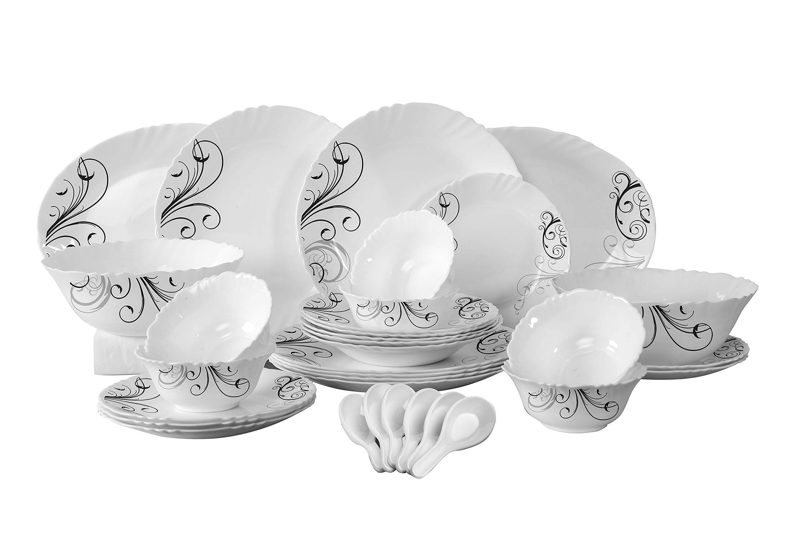 34Pcs Opal Ware Dinner Set Floral Design Plates, Bowls, Spoons | Comfortable Handling | Perfect For Family Everyday Use, and Family Get Together, Restaurant, Banquet and More (White and Black)