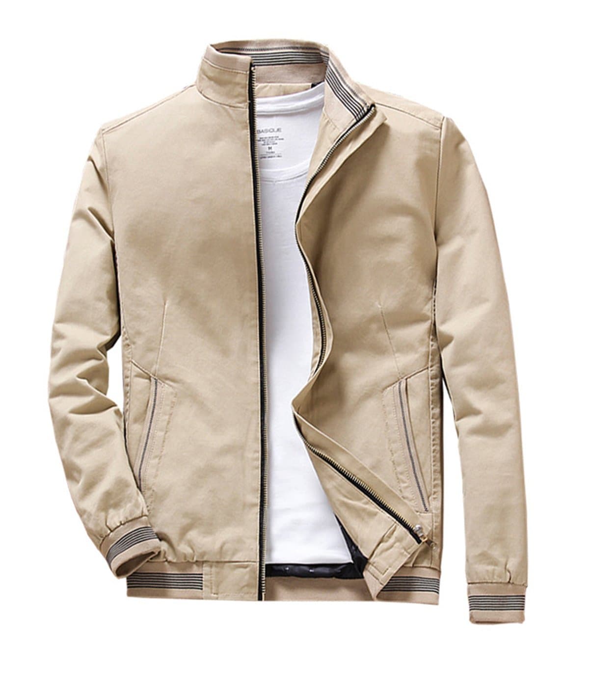 Mens Stand Collar Cotton Coat Outerwear, Front Zip Jacket