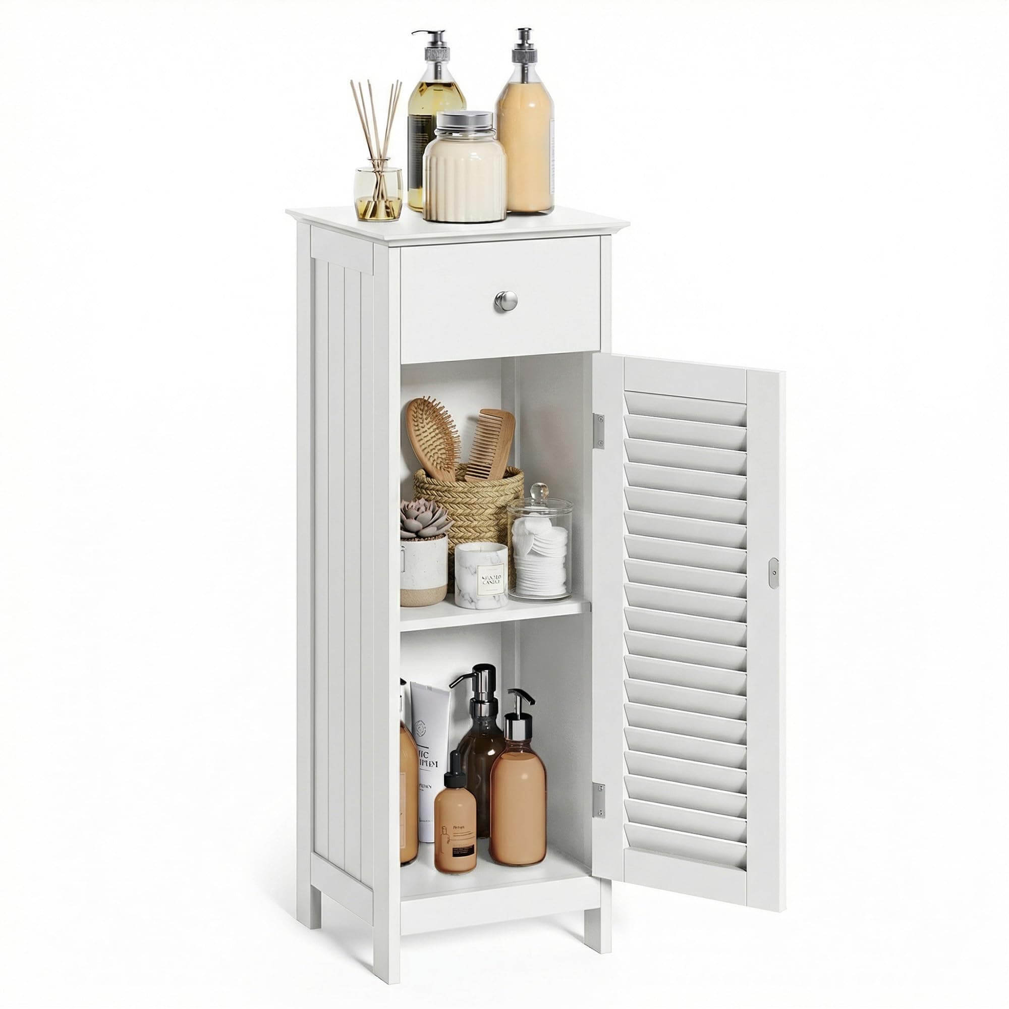 Bathroom Floor Cabinet Storage Organizer Set with Drawer and Single Shutter Door Wooden White UBBC43WT