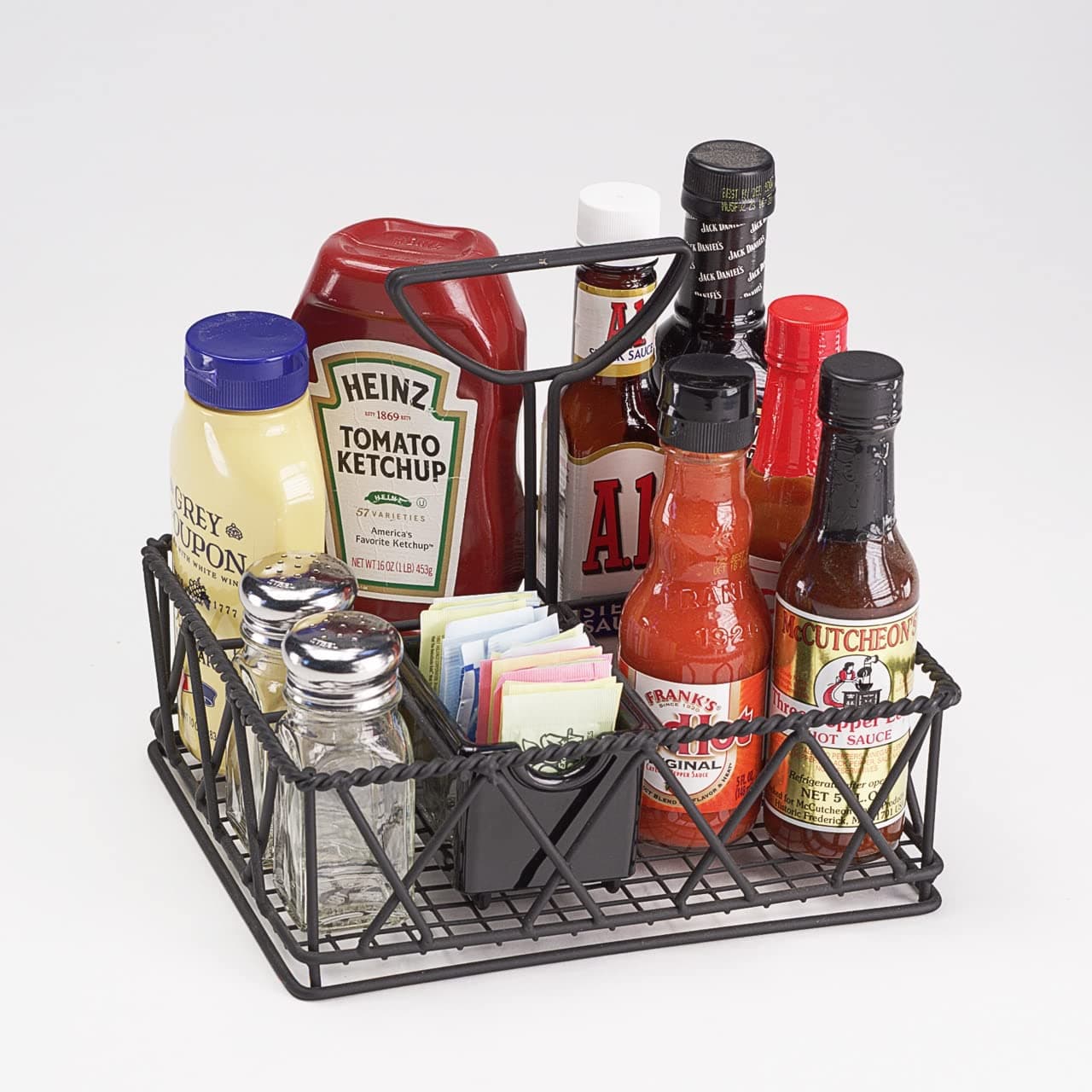 GET 4-931832 Black Metal Five Compartment Condiment Caddy Iron Powder Coated Table Caddies Collection, 9" x 7" (Pack of 12)