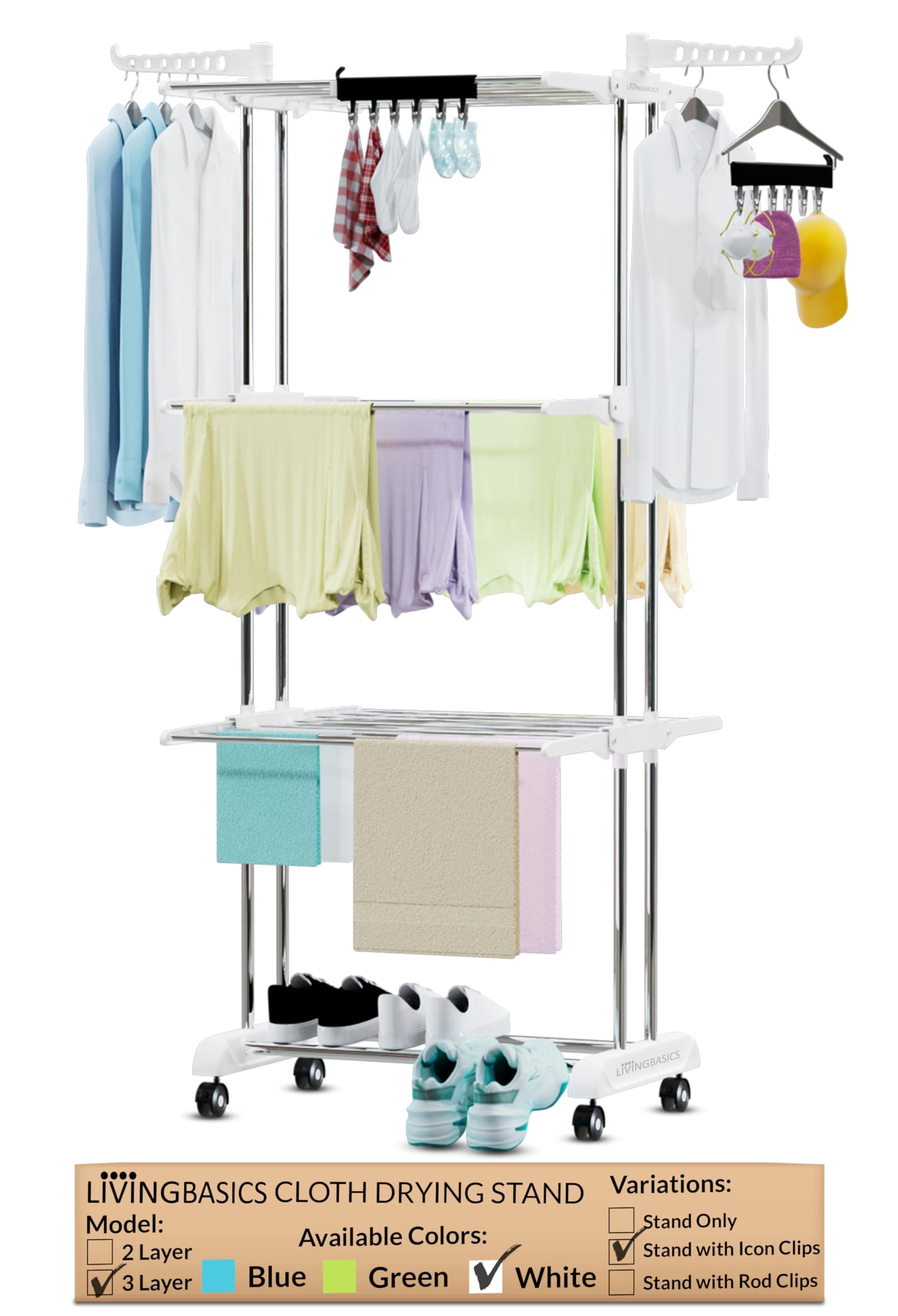 LIVINGBASICS 2 Icon Clips with 3 Layer Clothes Stand for Drying/Cloth Drying Stand for Balcony/Stainless Steel Dryer Rack (Snow White, 64 x 174 x 74 cm)