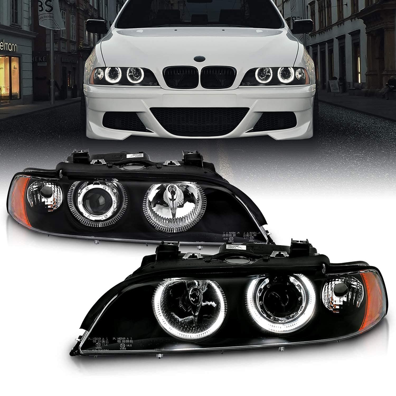 AmeriLite Projector Replacement Halogen Headlights Dual LED Halo Set For 97-00 BMW 5 Series E39 Sedan - Passenger and Driver Side