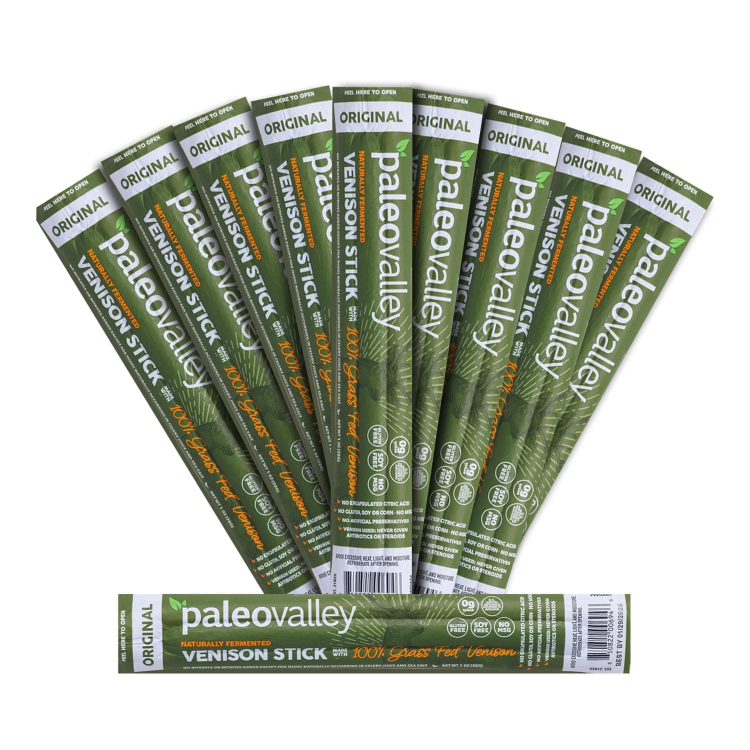 Paleovalley 100% Grass Fed Venison Sticks – 10 Pack – Keto-Friendly, High Protein, Low-Calorie Snack – Omega-3 Rich, Gluten-Free, Nitrate-Free, Naturally Flavored – Healthy On-the-Go Meat Snack