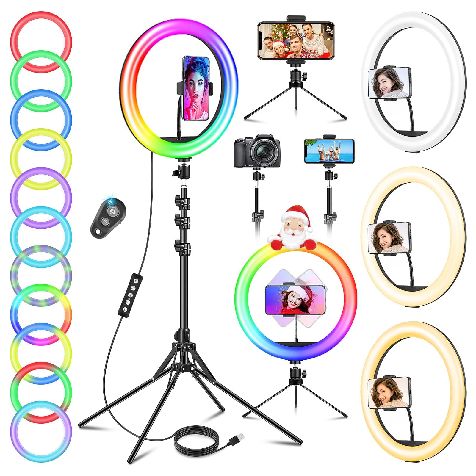 11.5'' Ring Light with Tripod Stand & Phone Holder Tall, GerTong LED Professional Selfie Circle Ringlight with Remote for Makeup YouTube, Floor/Desk USB Halo Lamp with 40 RGB Modes 13 Brightness