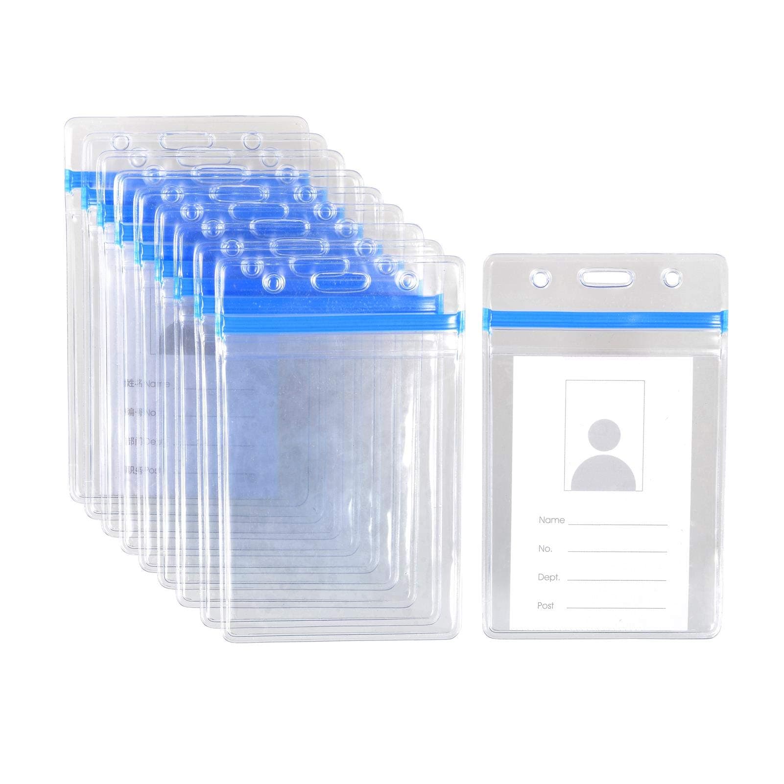 10 Pack Heavy Duty Vertical ID Card Badge Holder with Blue Resealable Zip, Waterproof Type, Extra Thick Clear PVC,