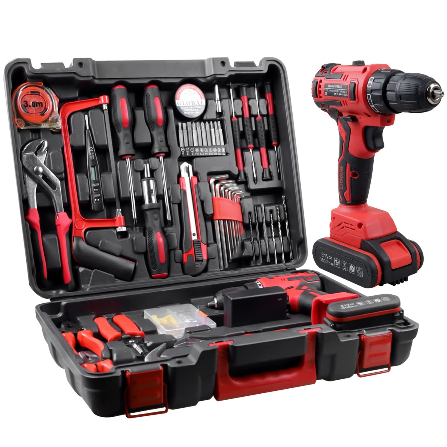 jar-owl 21V Max Cordless Drill/Driver Kit, Brushless, Tool Set with Drill and 112pcs Household Hand Tool Kit for Daily Home Repair, Red
