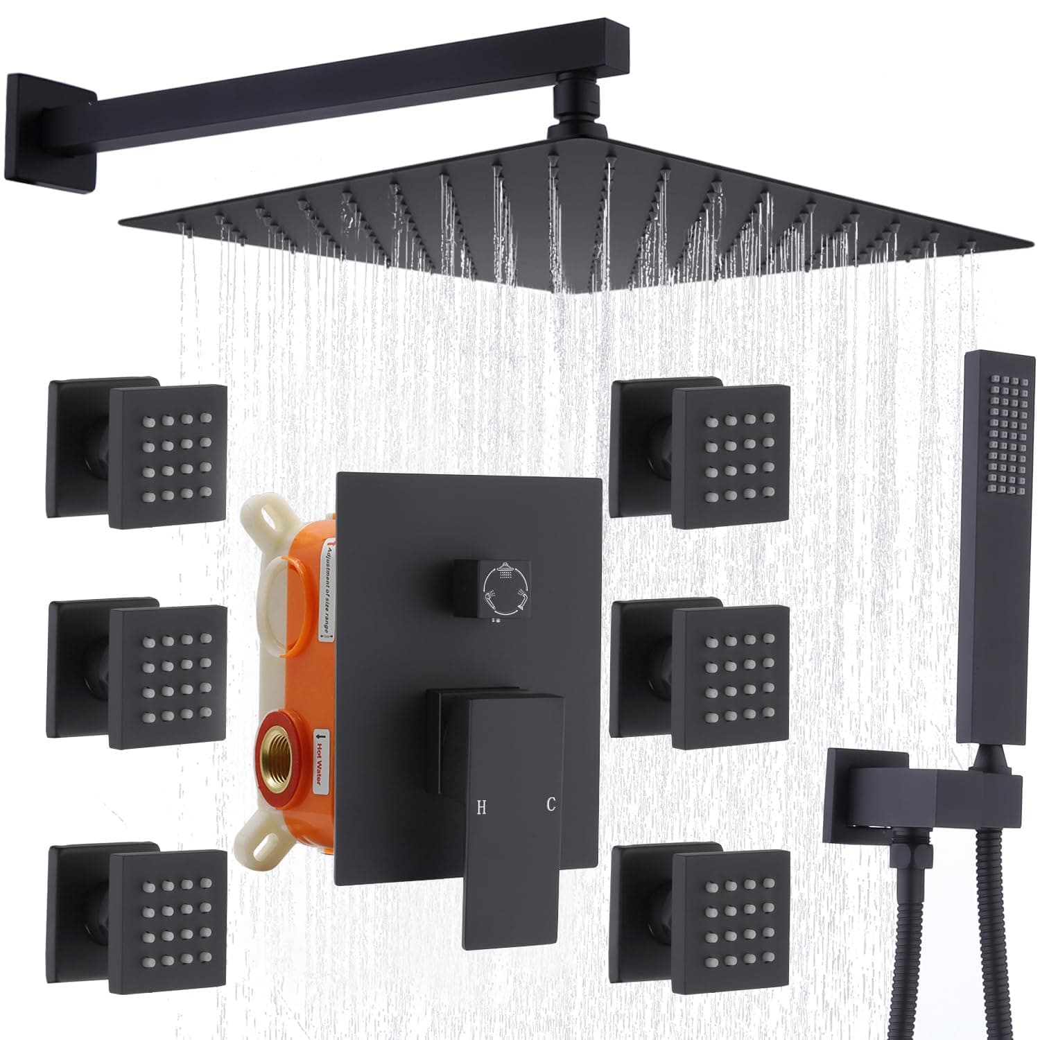 Enga Shower System with Body Jets, 12 Inch Wall Mount Rainfall Shower System and Handheld Body Spray Shower Faucets sets Combo with Rough-in Valve, Matte Black