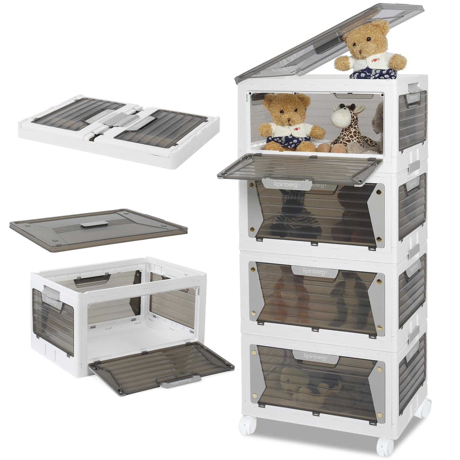 Rainberg Large Storage Boxes with Lids, Strong & Sturdy Plastic Storage Boxes, Stackable Nestable Container for Home & Office use. (White & Grey, 4 Tier 320L Storage)