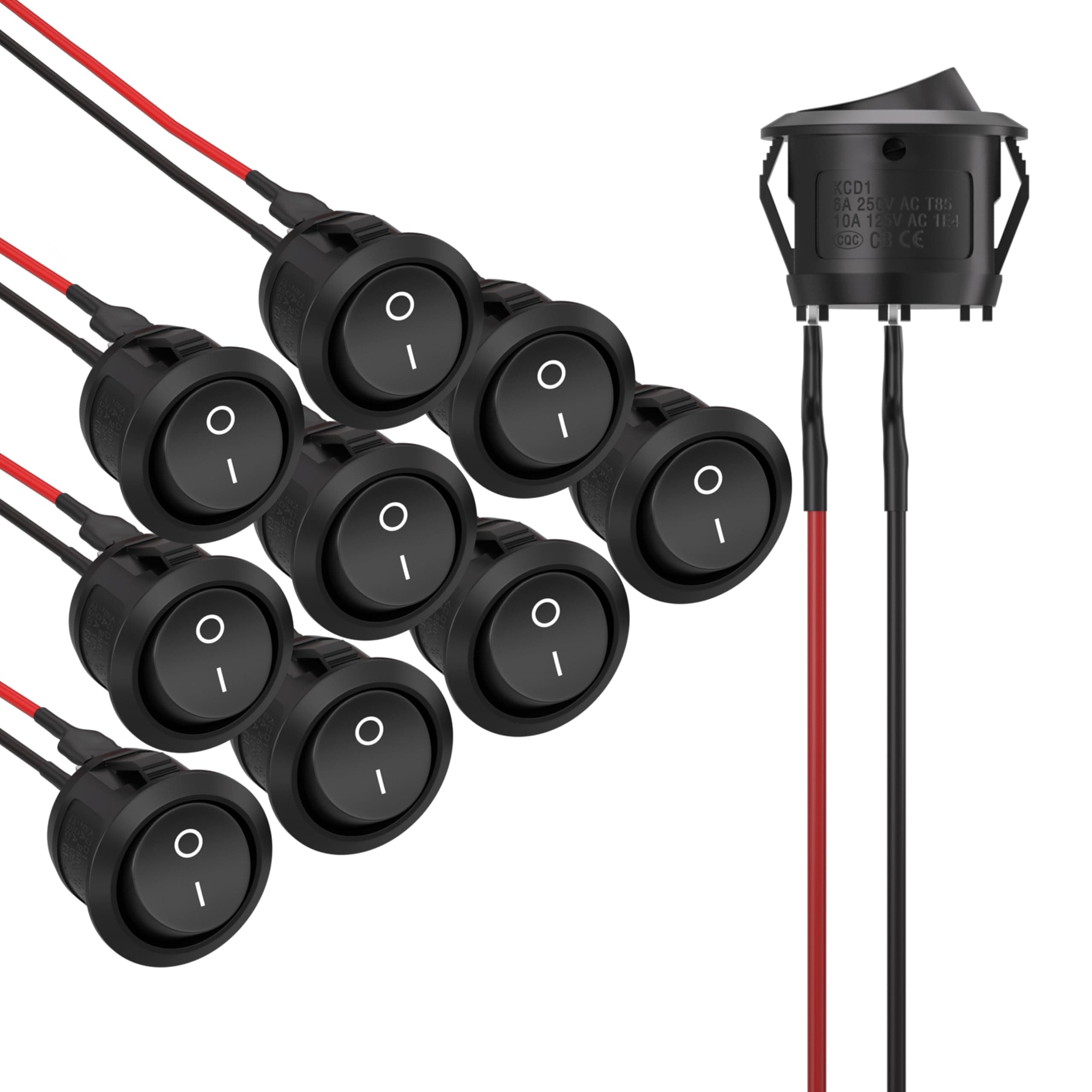 10Pcs Rocker Switch ON Off KCD1 Mini Round Toggle Switch SPST 2Pin Snap-in Design Car Boat Automotive with Wires Pre-Wired AC 6A/250V 10A/125V 12VDC
