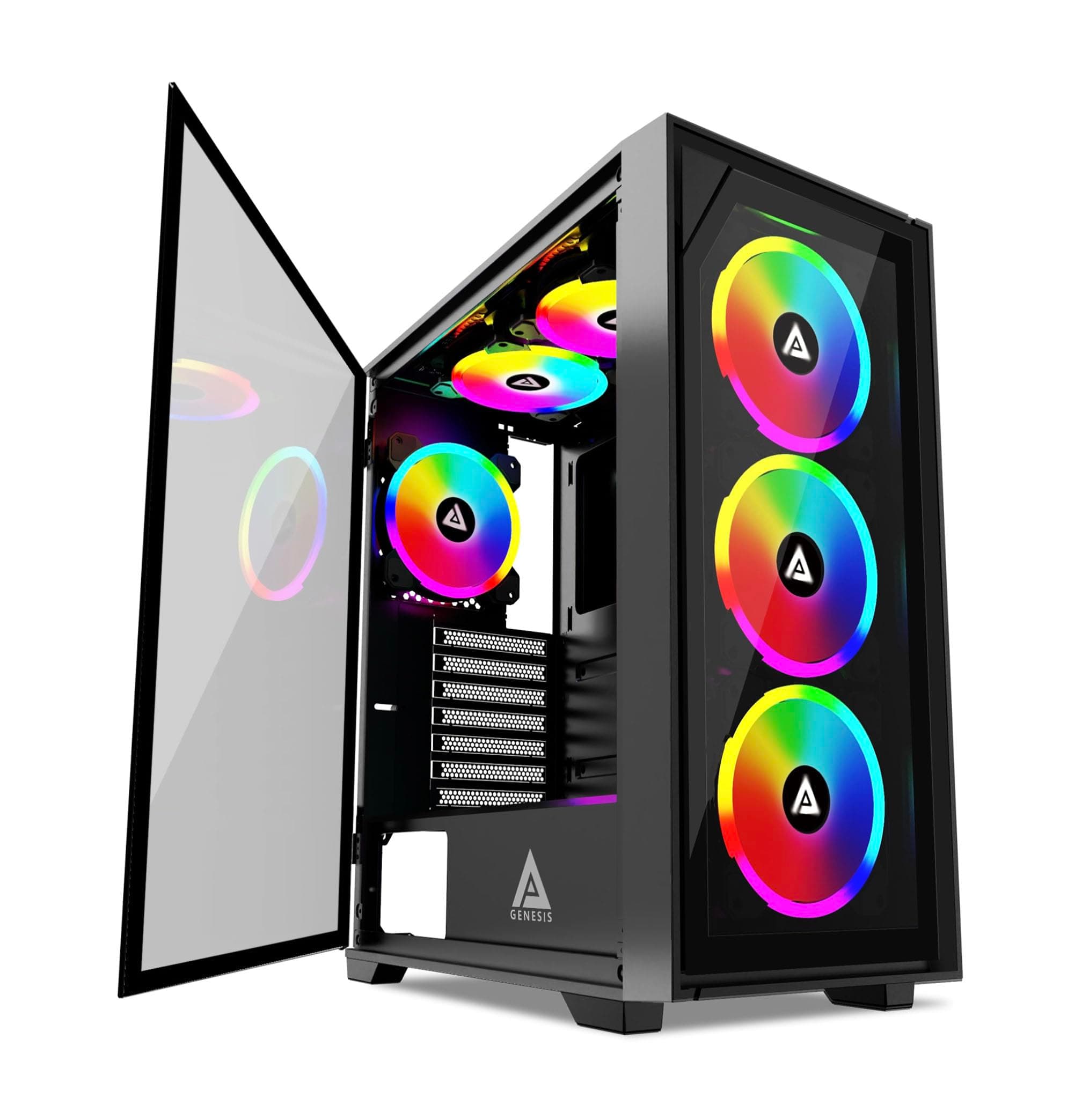 Genesis Pro G-PRO-BK Mid Tower Gaming Case with 2 x Tempered Glass Panel, Top USB3.0/USB2.0/Audio Ports, 6 x RGB Fans, Black Frame