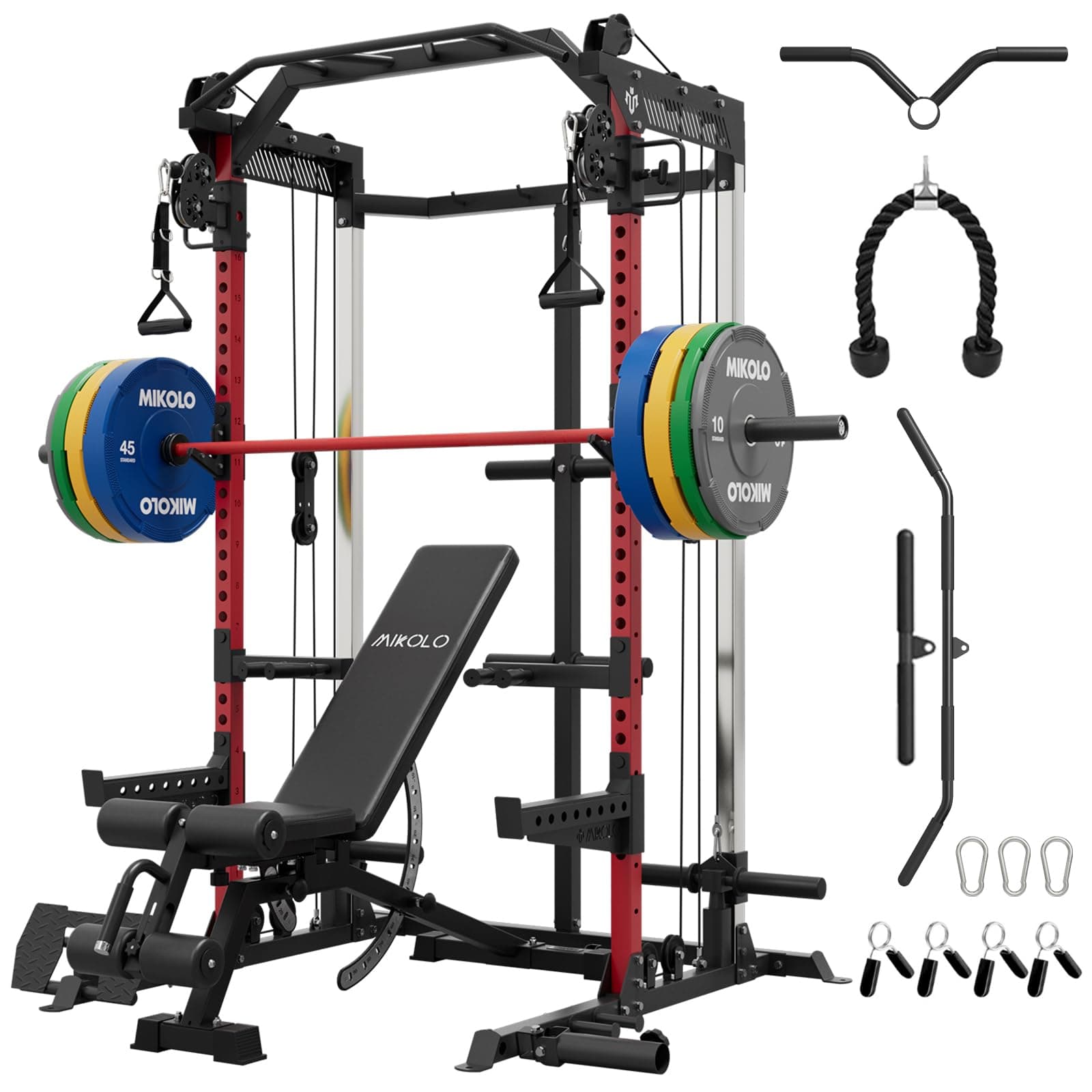 Mikolo Power Cage, 2000LB Power Rack with Independent Dual Pulley System, Multi-Function Home Gym Workout Machine for Cable Crossover