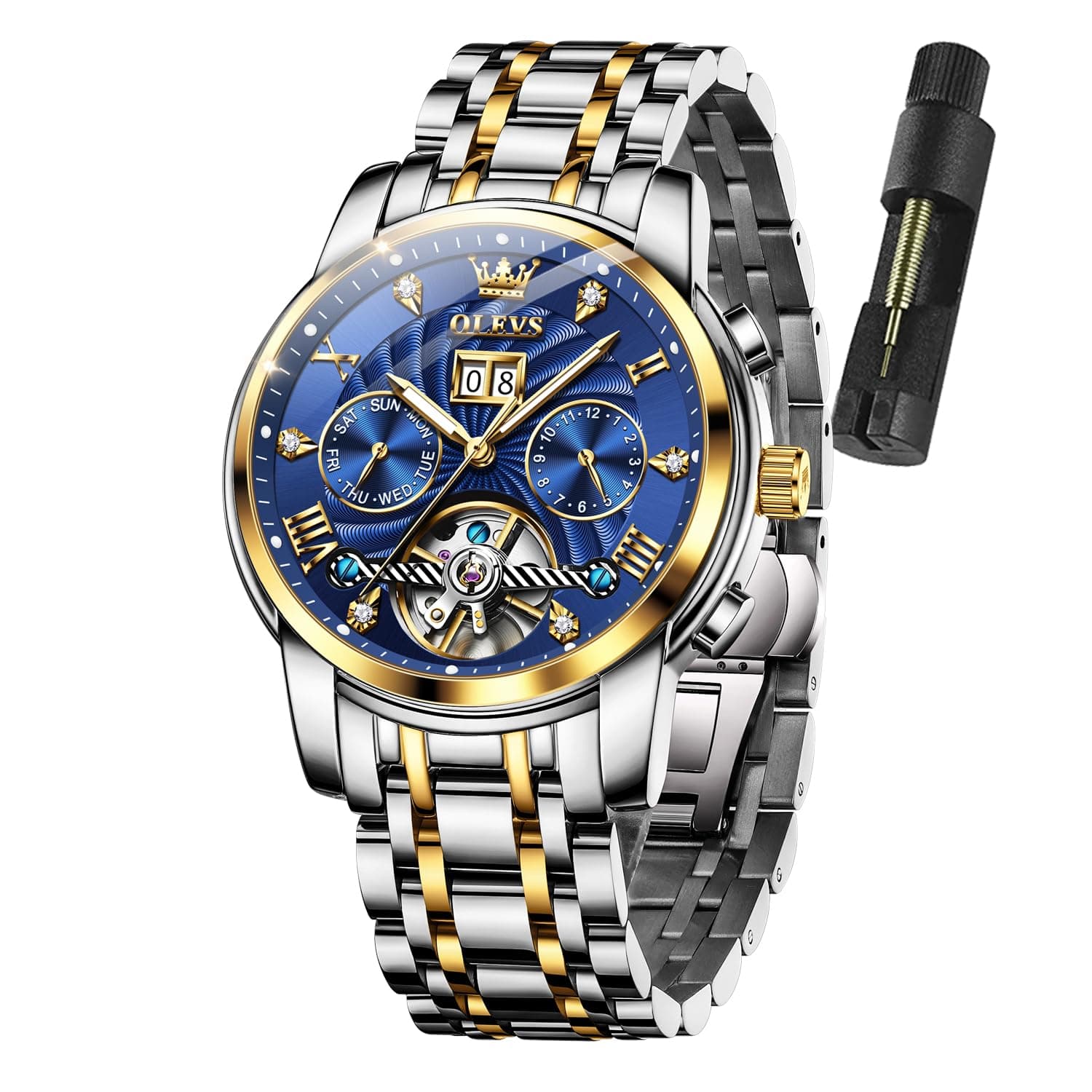 OLEVS Men's Automatic Watch Skeleton 5 Hands Mechanical Classic Luxury Multi Calendar Stainless Steel Waterproof Wrist Watch for Men Blue Business Watch, Blue, Business Watch, blue, Business Watch