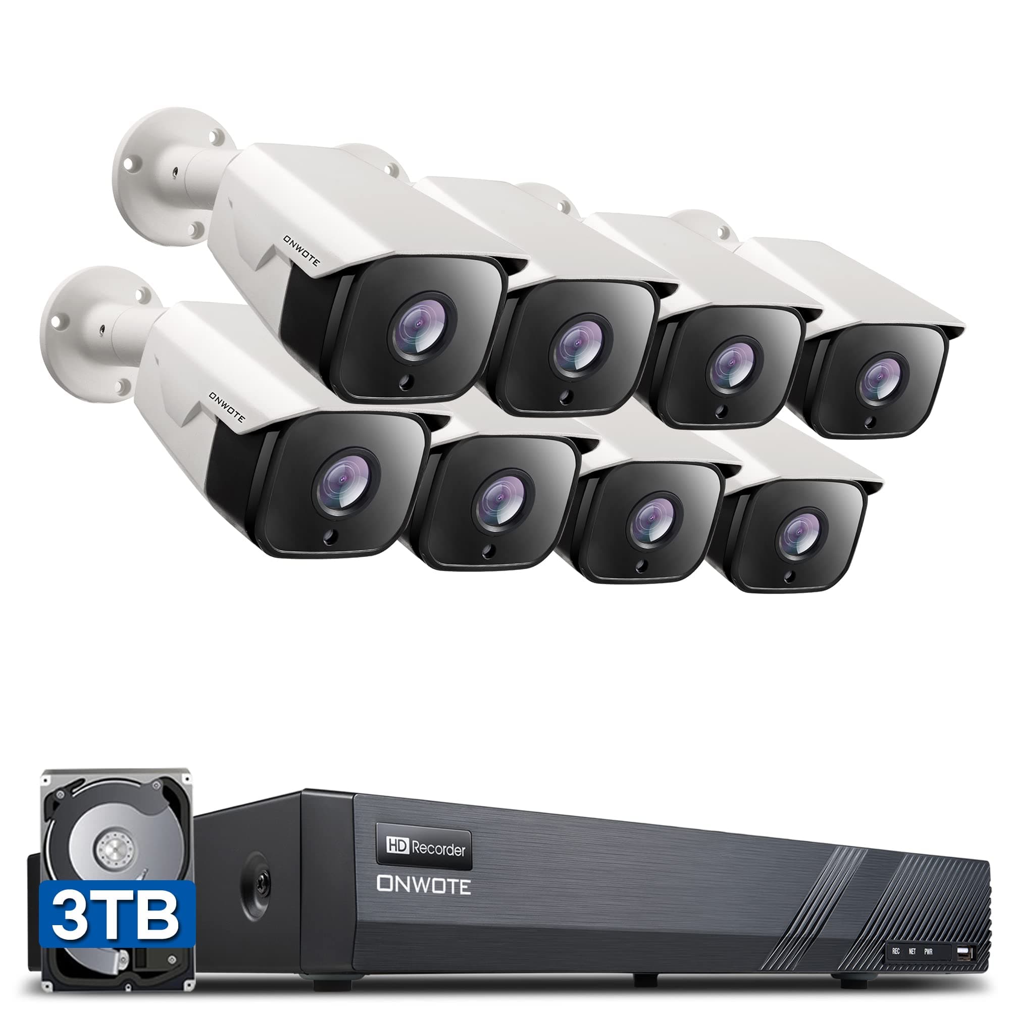 ONWOTE 16 Channel 4K NVR PoE Security Camera System 3TB Hard Drive, 16CH 8MP H.265 NVR, (8) Outdoor 5MP Audio PoE IP Cameras with Wide Angle, 2-Storage-Bay, 16CH Synchro Playback