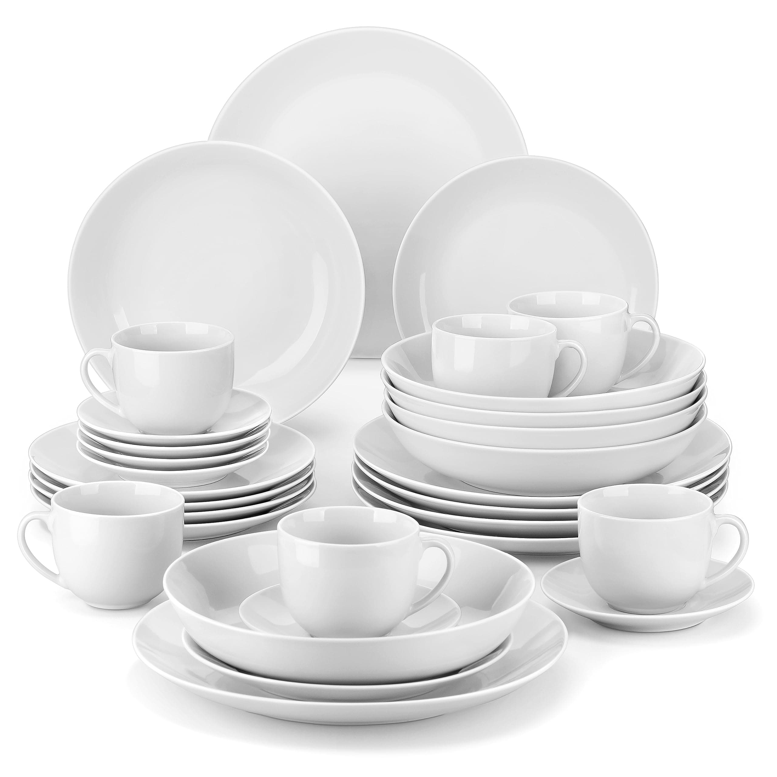 30-Piece Gourmet Porcelain Dinnerware Sets, Modern White Round Dish Set for 6 - Premium Serving Plates and Bowls Sets for Dessert, Salad, Soup, Pasta - Series AMELIA