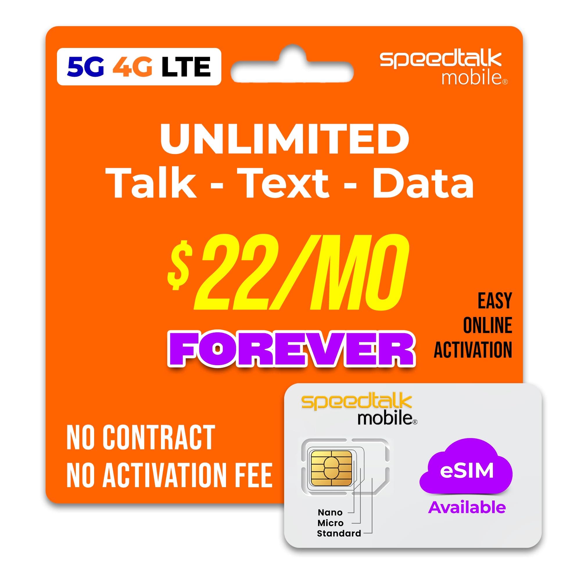 SpeedTalk Mobile Pre-Paid eSIM and SIM Card Starter Kit – No Contract Wireless $22mo Talk Text Data Unlimited Plans - Cellphone 5G 4G LTE Apple iPhone, Android Smart Phones