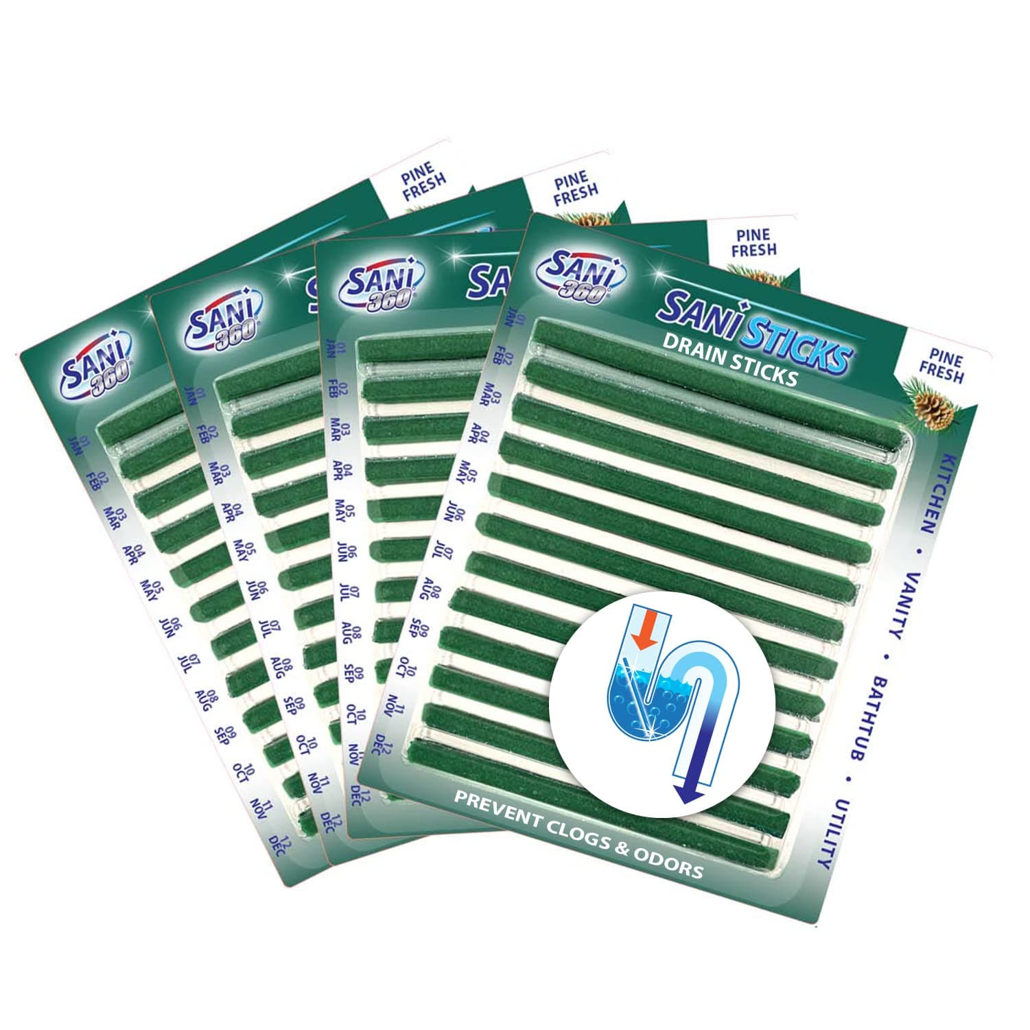SANI 360° Sani Sticks Drain Cleaner and Deodorizer, Enzyme Pipe Cleaners, Eliminate Odors, Prevent Clogged Drains, Safe for Sinks, Bathtub Drains, Septic Tanks, 48 Count, Pine Scent