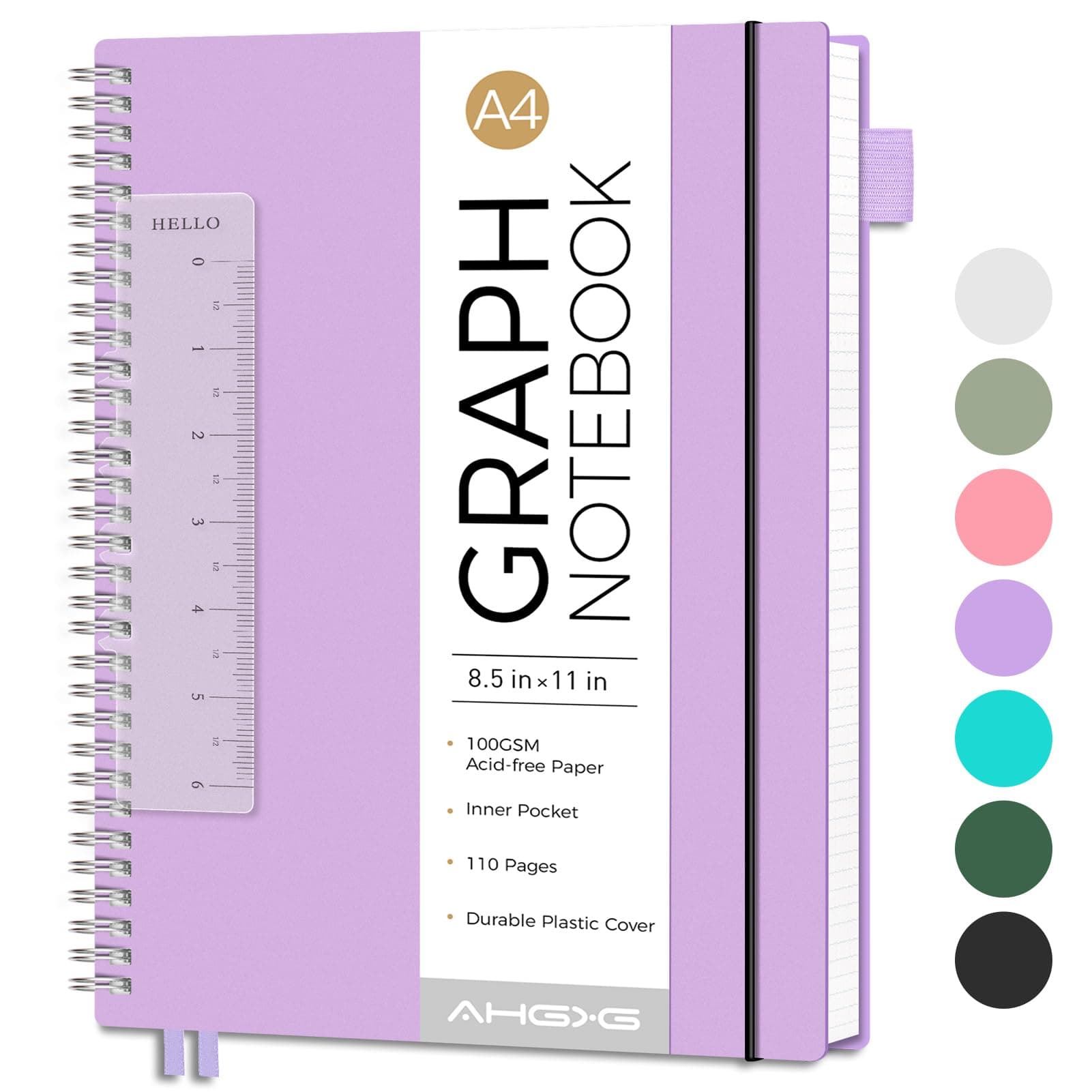 AHGXG Graph Paper Notebook - Spiral Notebook 8.5" x 11", A4 Large Graph Notebook, 100 gsm Thick Grid Paper, Waterproof Plastic Cover Journals for School Writing Engineering Math, Purple