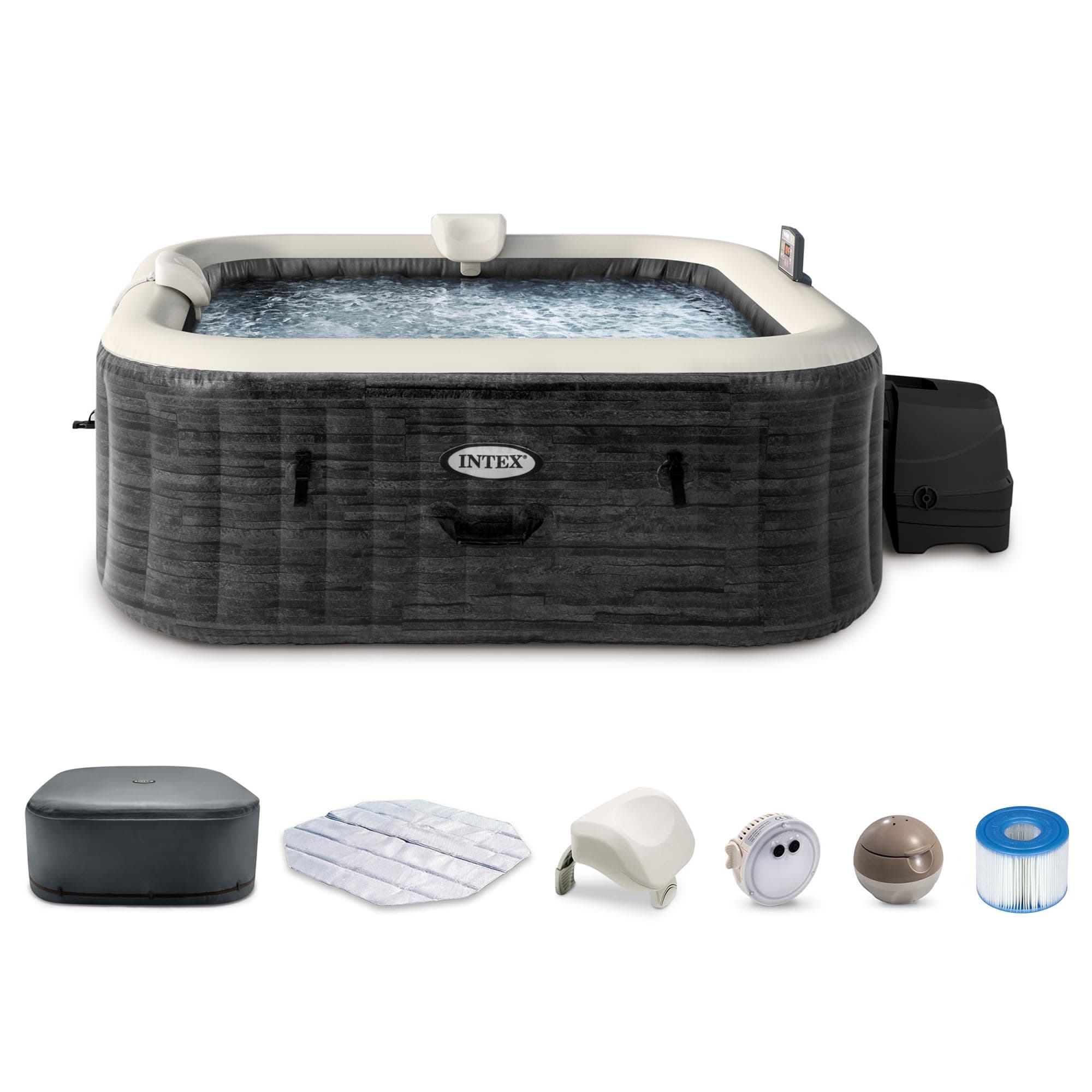 INTEX PureSpa Greystone Deluxe 6 Person Square Inflatable Hot Tub, Bubble Massage Spa Set with Energy Efficient Cover, 2 Headrests, & LED Light, 77 in x 28 in