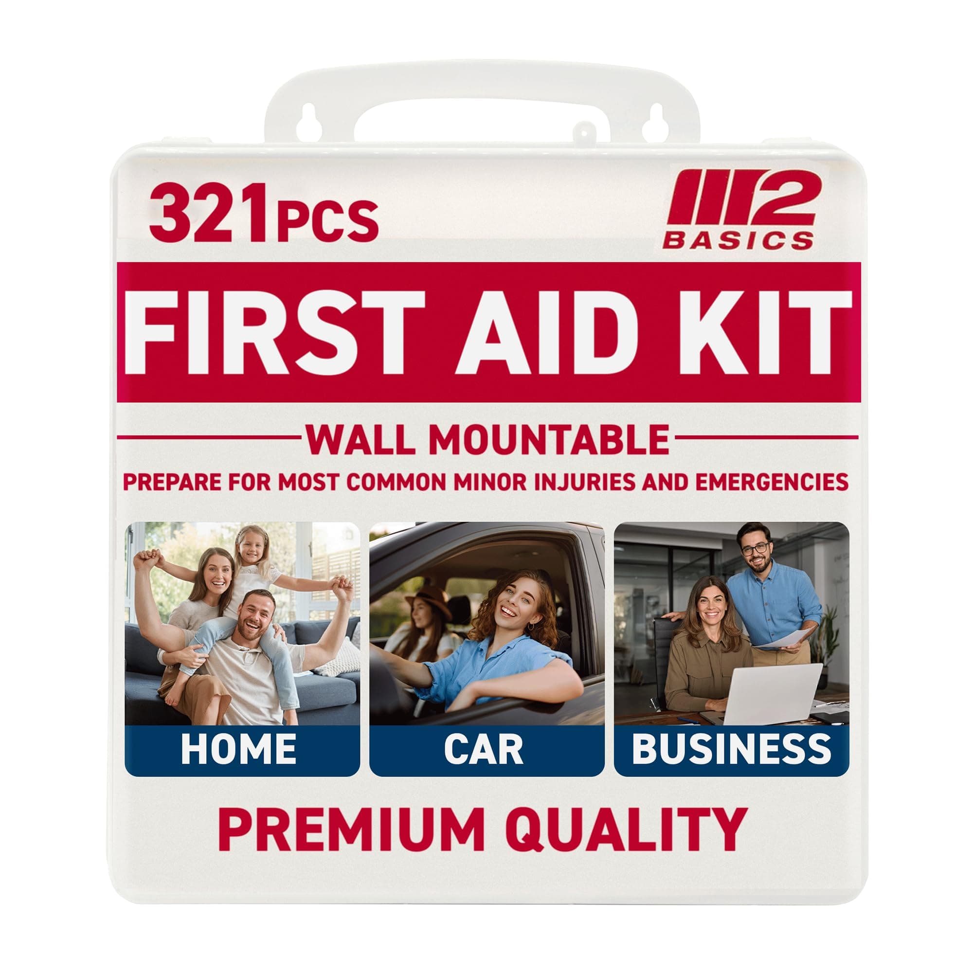 M2 BASICS Premium 321 Piece First Aid Kit, All Purpose Kit with Hard Case for Home, Car, Business, School, Office & Vehicle