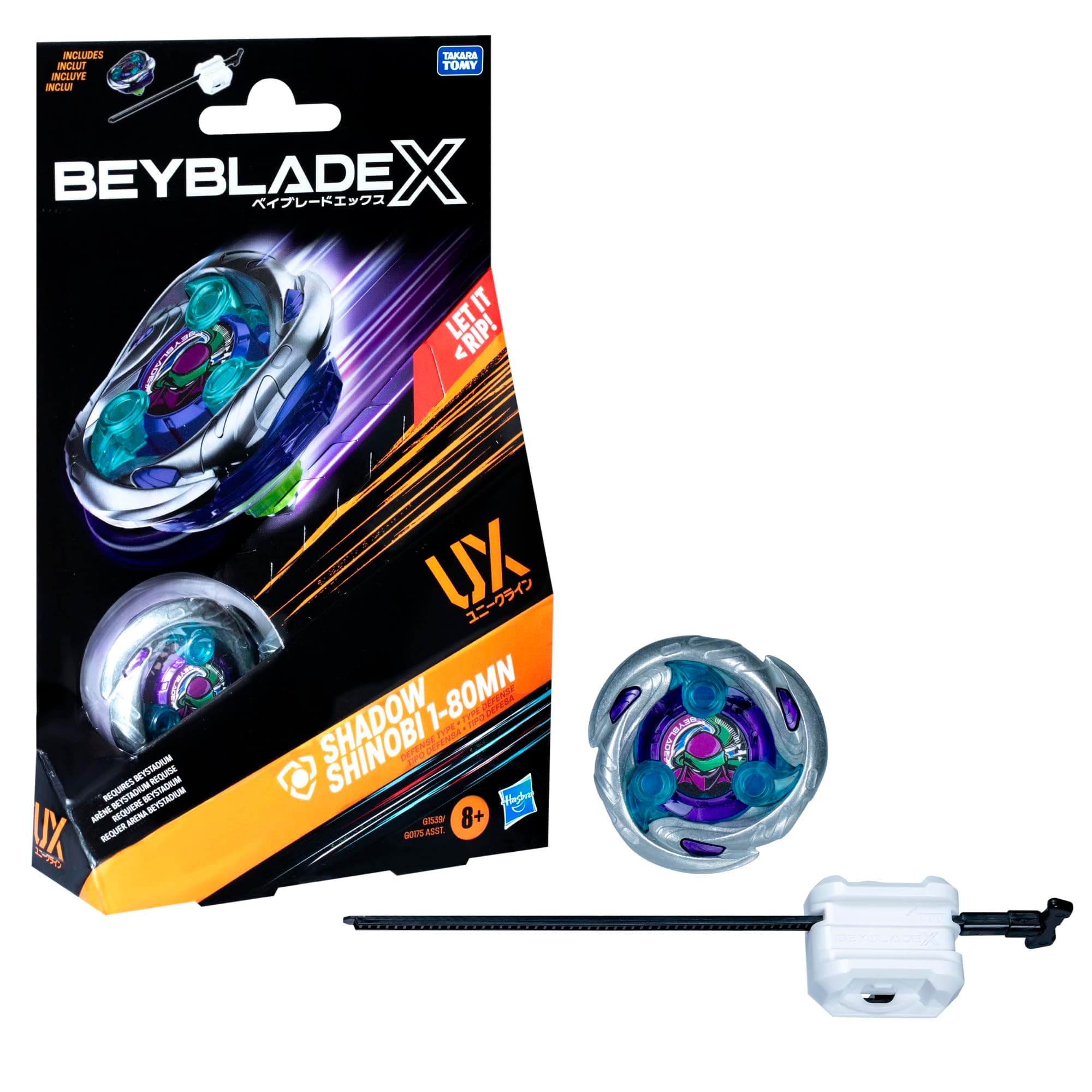 Beyblade X Shadow Shinobi 1-80MN UX Starter Pack Set with Defense Top and Launcher; Authentic Takara Tomy Battle Tops Games/Toys for Boys and Girls 8+