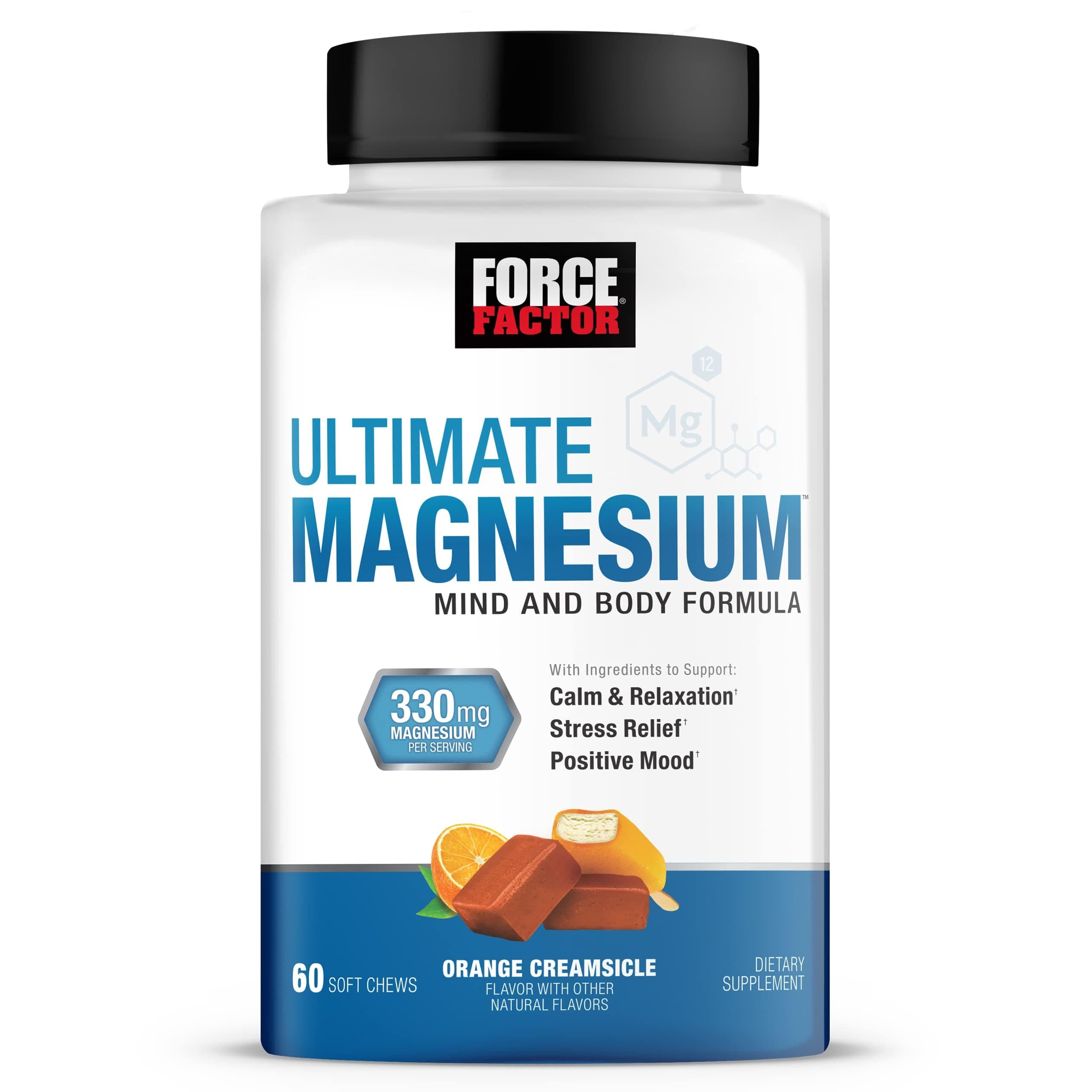 Force Factor Ultimate Magnesium Supplement, Magnesium for Stress Relief, Calm, and Relaxation, Magnesium Chewable, Vegan, Gluten Free, & Non-GMO, Orange Creamsicle Flavor, 60 Soft Chews