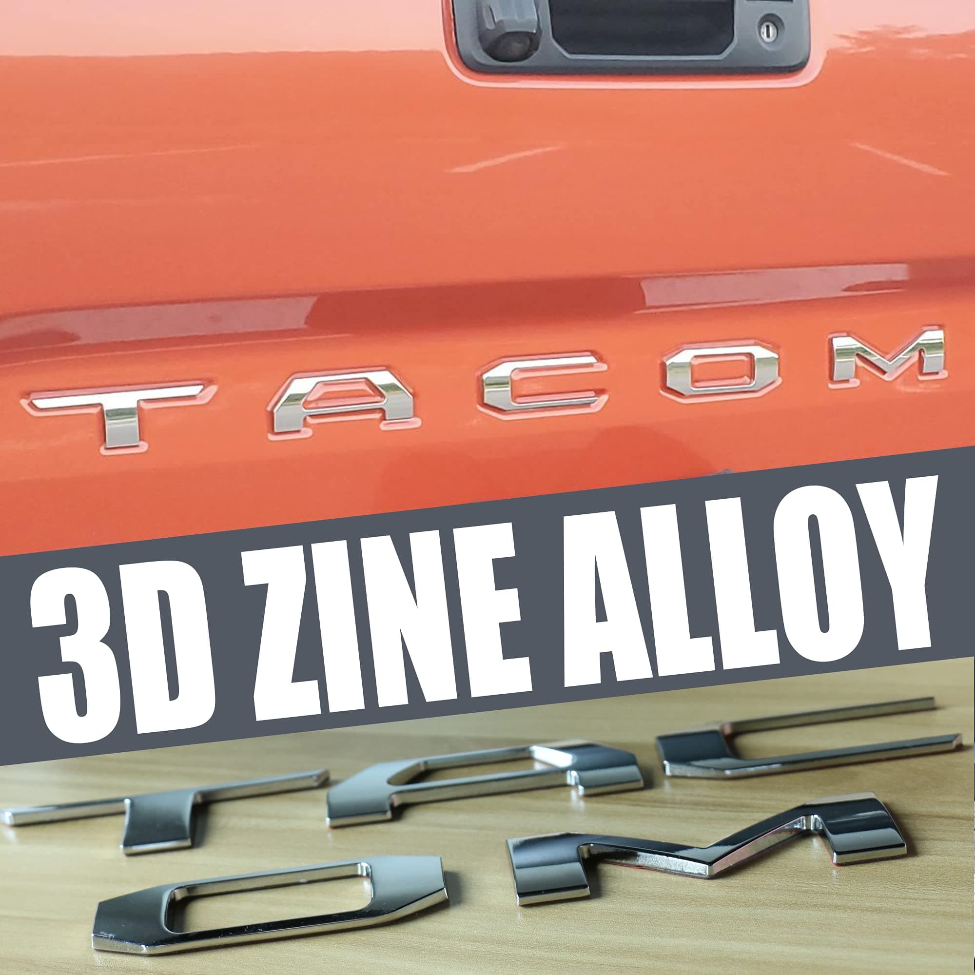 Auto safety Metal Tailgate Insert Letters for Taco 2016-2021 2022 3D Raised Zinc Alloy Rear Emblem not Decals with Strong Adhesive-Chrome Silver