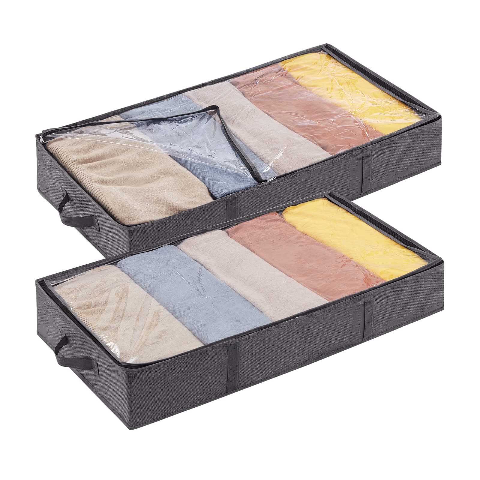 Lifewit 2 Pack UnderBed Storage Bags with Lid, Clothes Storage Boxes Foldable Under bed Storage Organizer with Reinforced Handle Thick Fabric Clear Window for Clothes Blankets Shoes, 65L, Grey