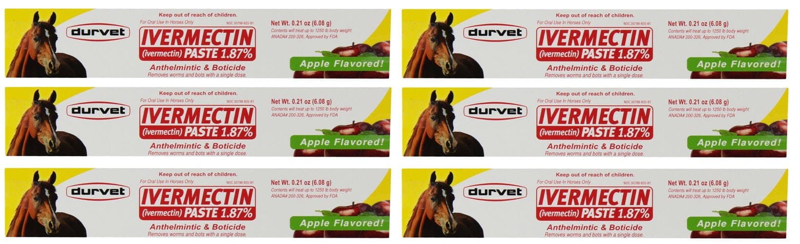 Durvet Ivermectin Paste Dewormer - 6.08g dose @ 1.87% Apple Flavor (6-Pack)