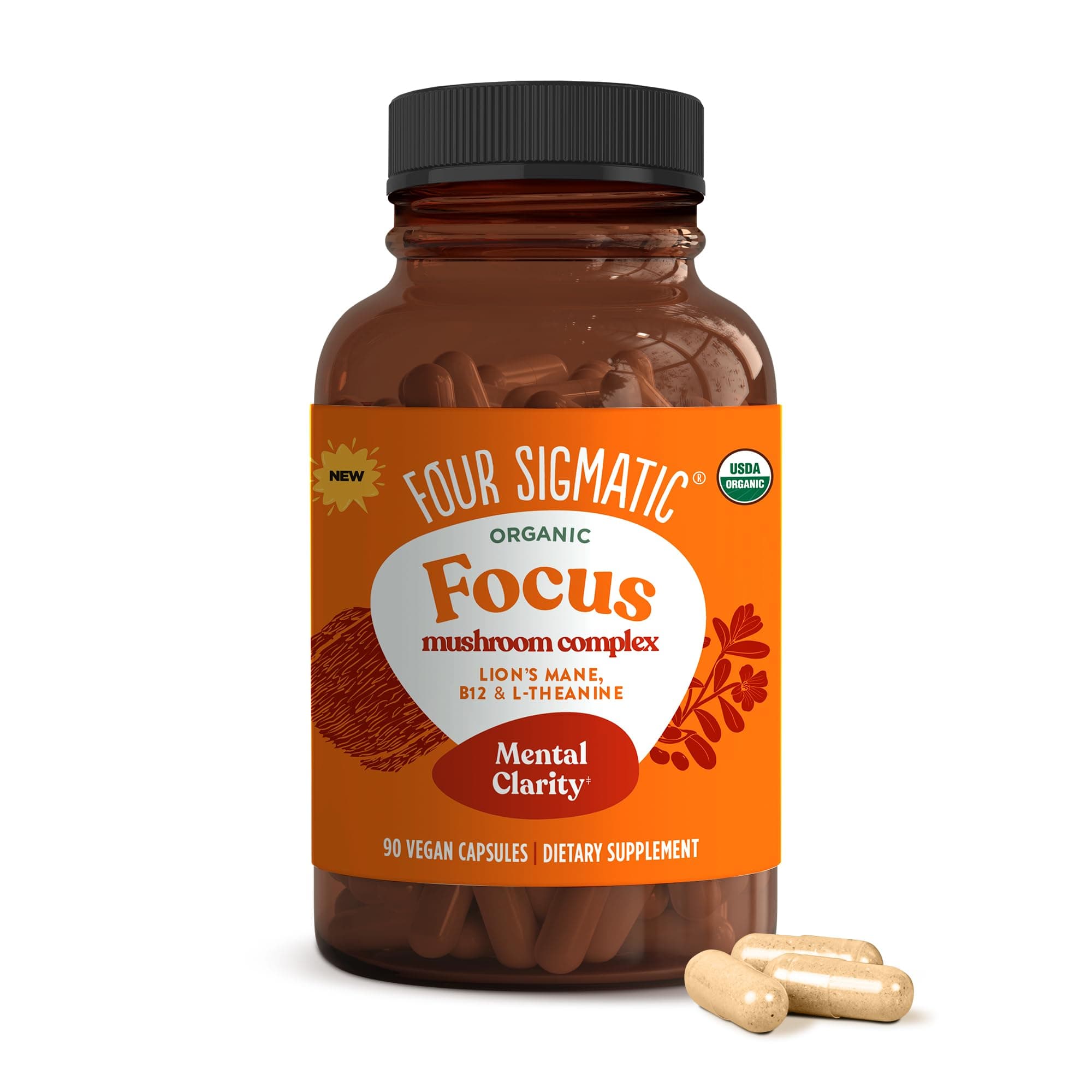 Focus Capsules | Lion's Mane Supplement Capsules | Brain Boosting Complex with Ashwagandha, Bacopa Monnieri & Rhodiola | Vegan Nootropic Adaptogen & Mushroom Supplement | 30 Servings