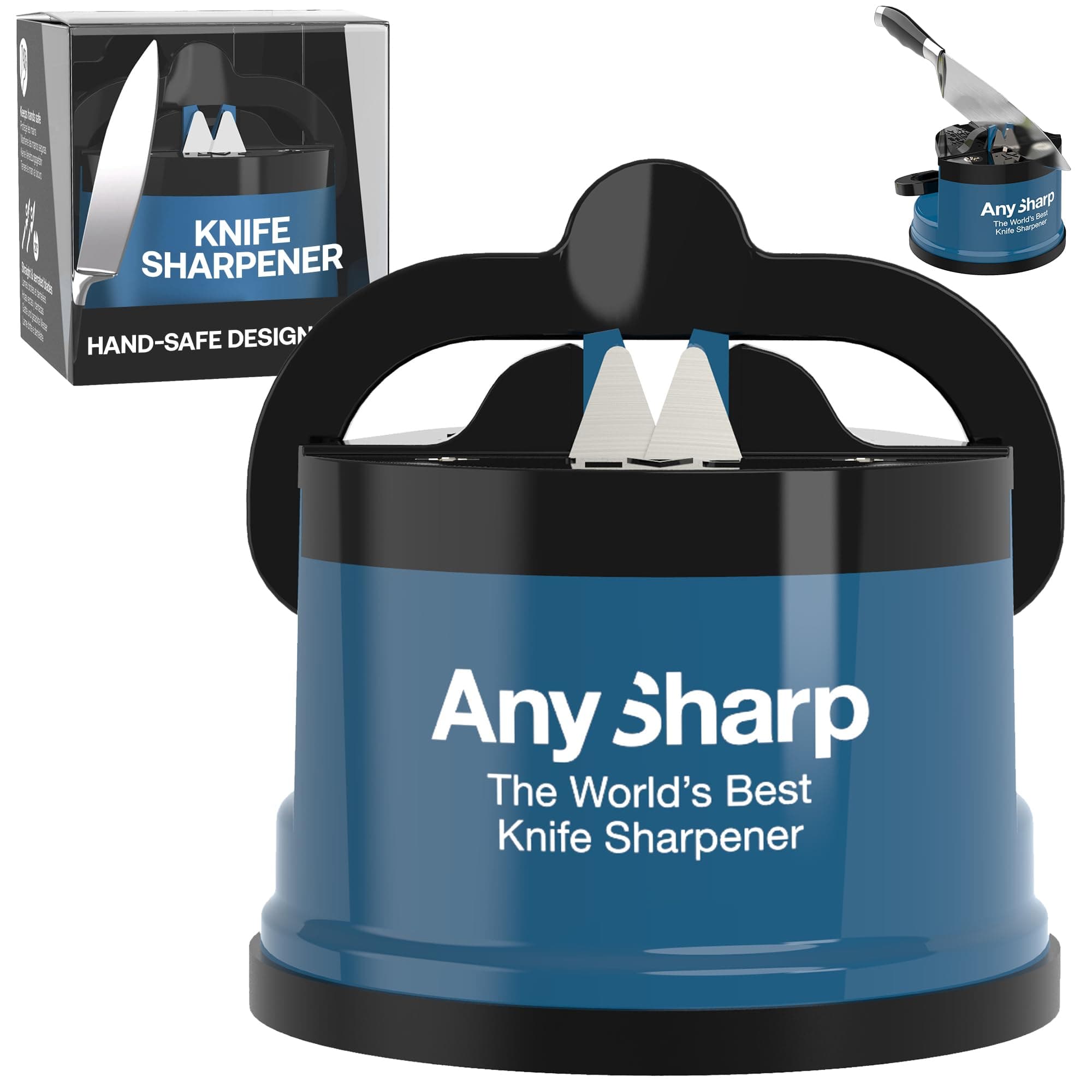 Editions – Hands Free Knife Sharpener - Easy to Use Sharpening Tool with PowerGrip Suction Base and 20-Degree Pre-Set Angle - for All Knives: Chef's, Serrated, and Hardened Steel - Blue