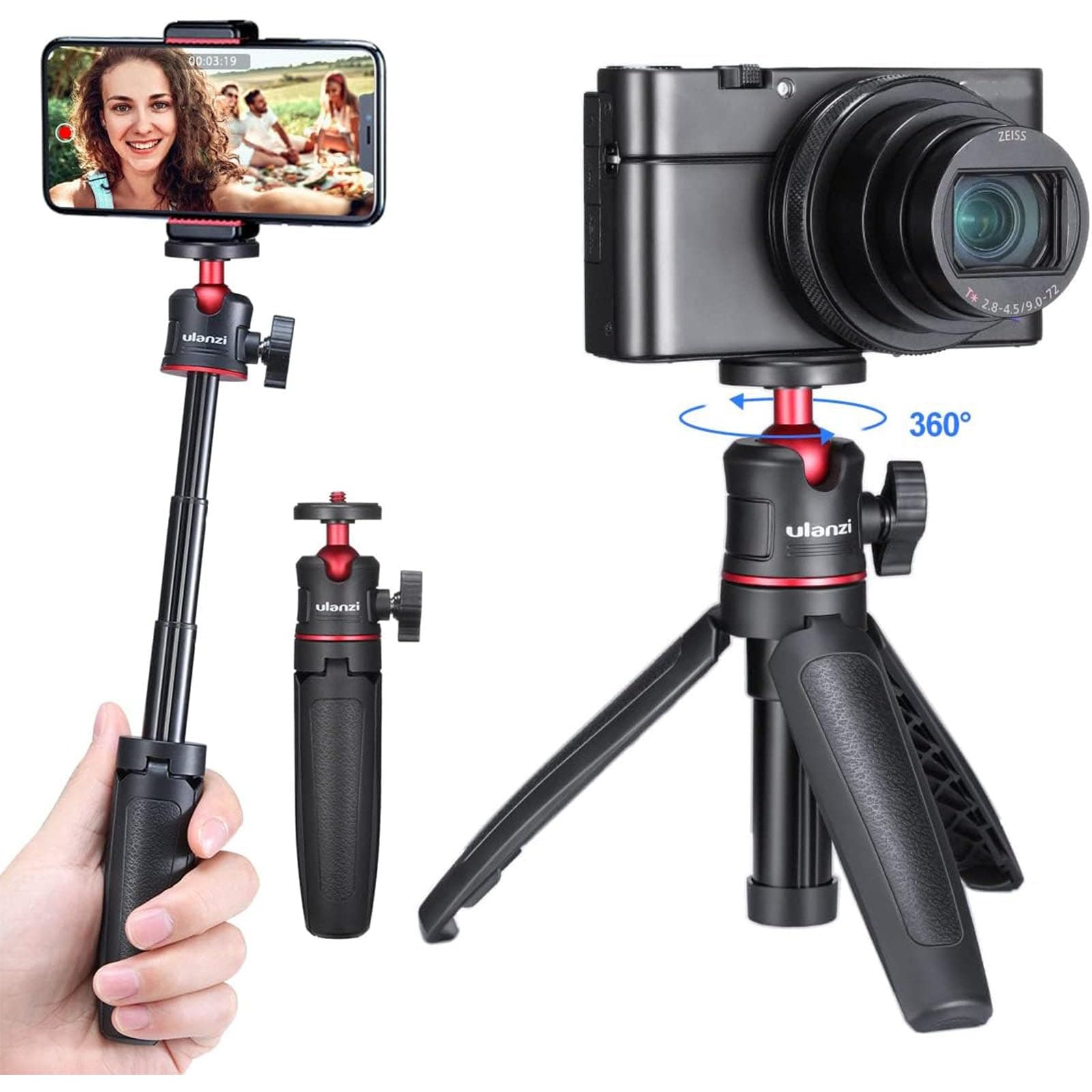 【NO Phone Clip Included】ULANZI MT-08 Compact Travel Tripod - Portable Mini With 1/4 Inch Screw, Mini Selfie Stick Tripod Stand Handle Grip for Mobile Phone Cameras Vlogging, Phone clip sold separately