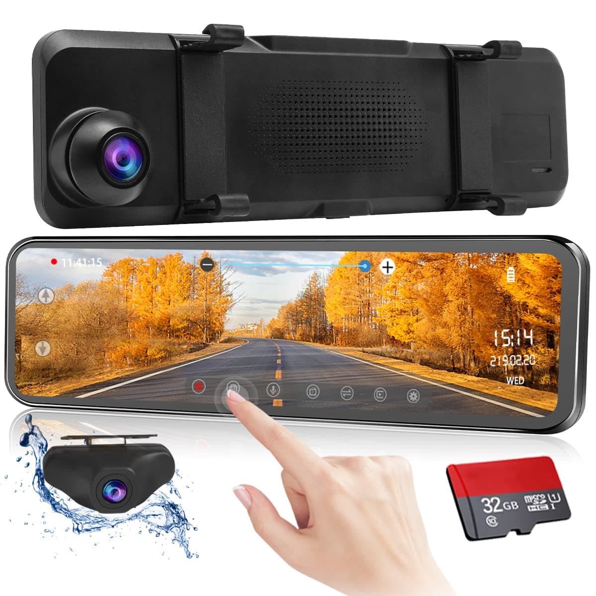 Mirror Dash Cam 9.88 inch Full Touch Screen Car Backup Camera Dual Recording HD Front 1080P 170° Wide Angle 1080P Rear View Camera 150° URVOLAX Night Vision,24-Hour Parking,GPS,Branded SD Card