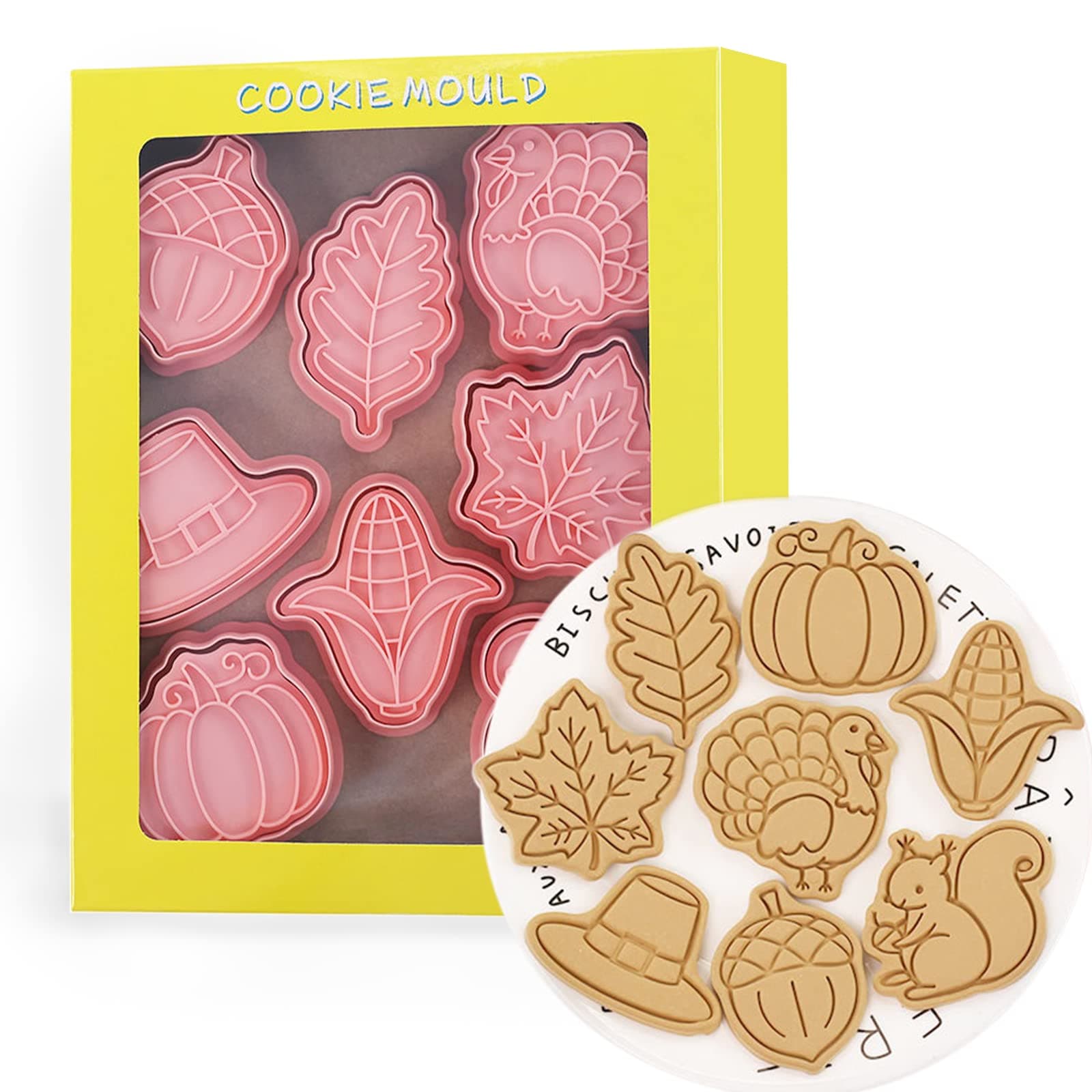 8-Pcs Thanksgiving Cookie Cutters Set 3D Pumpkin, Turkey, Corn, Maple leaf, Hazelnut, Squirrel Cookie Cutters for Party Baking Decoration
