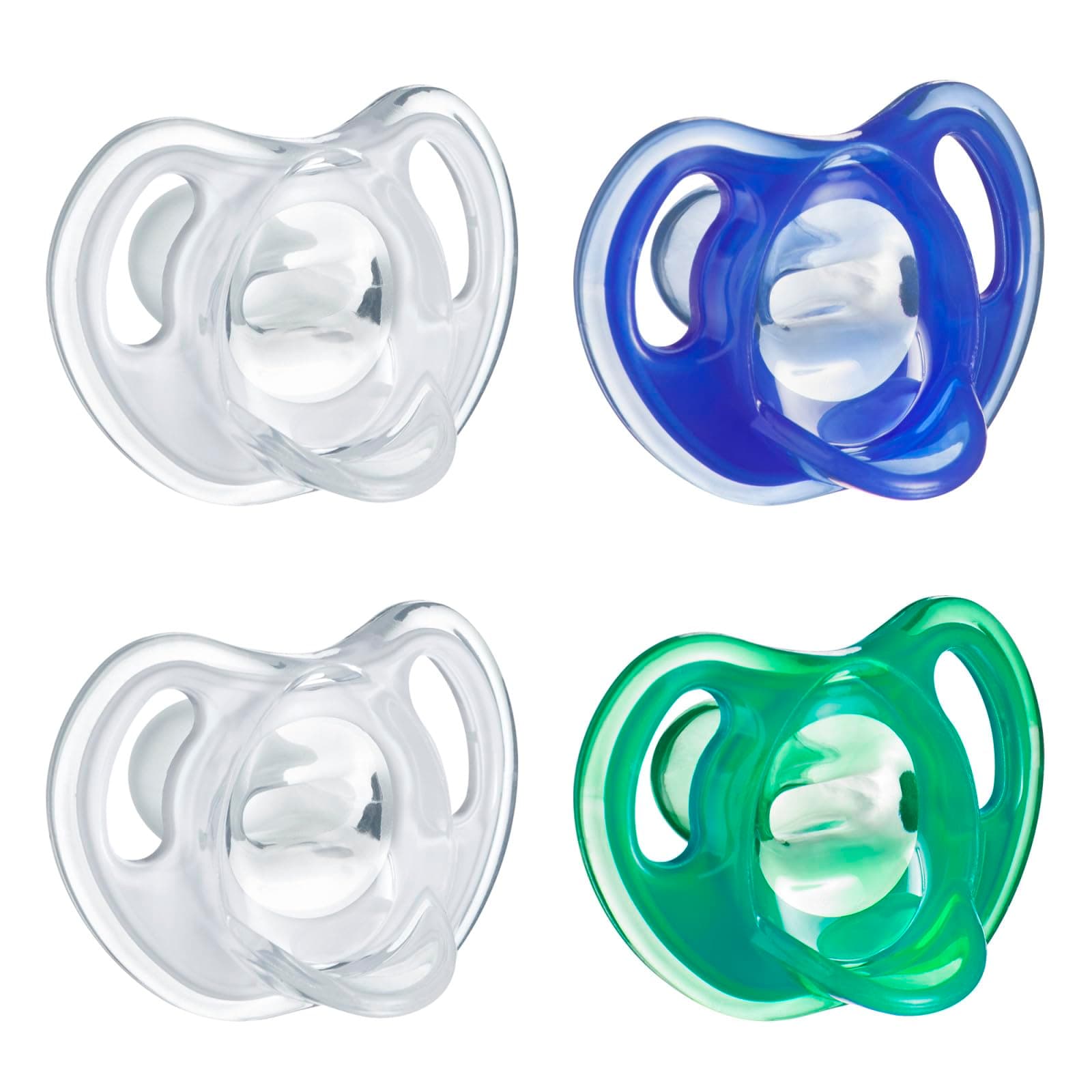 Tommee Tippee Ultra-Light Silicone Pacifier, 18-36 Months, Symmetrical One-Piece Design, BPA-Free Silicone Binkies, Clear/Blue/Green, Pack of 4