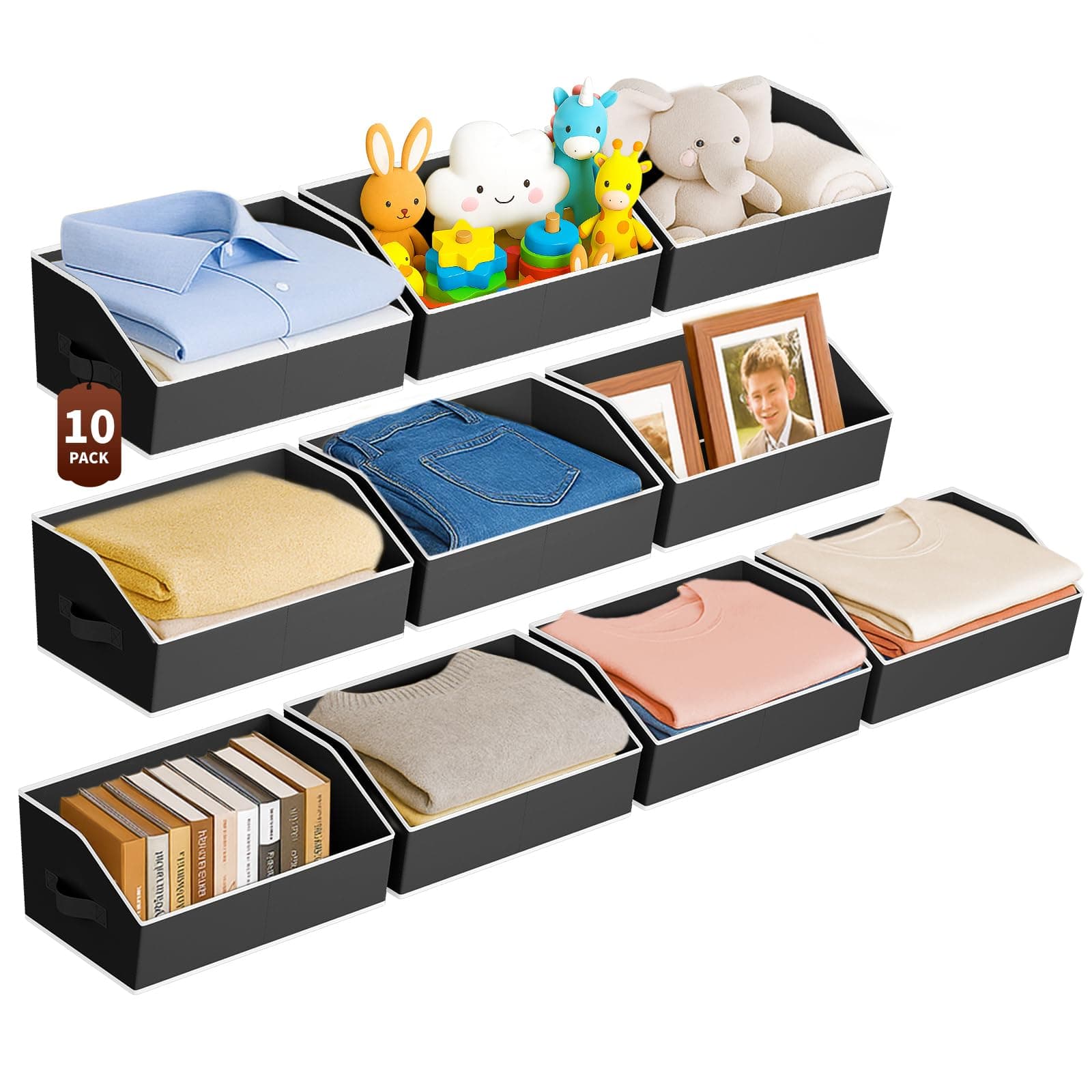 Large Storage Bins for Organizing - 10 Pack Trapezoid Organizing Bins, Foldable Fabric Baskets with Handles for Home Organization, Ideal for Closet, Basket and Shelf Storage, Black