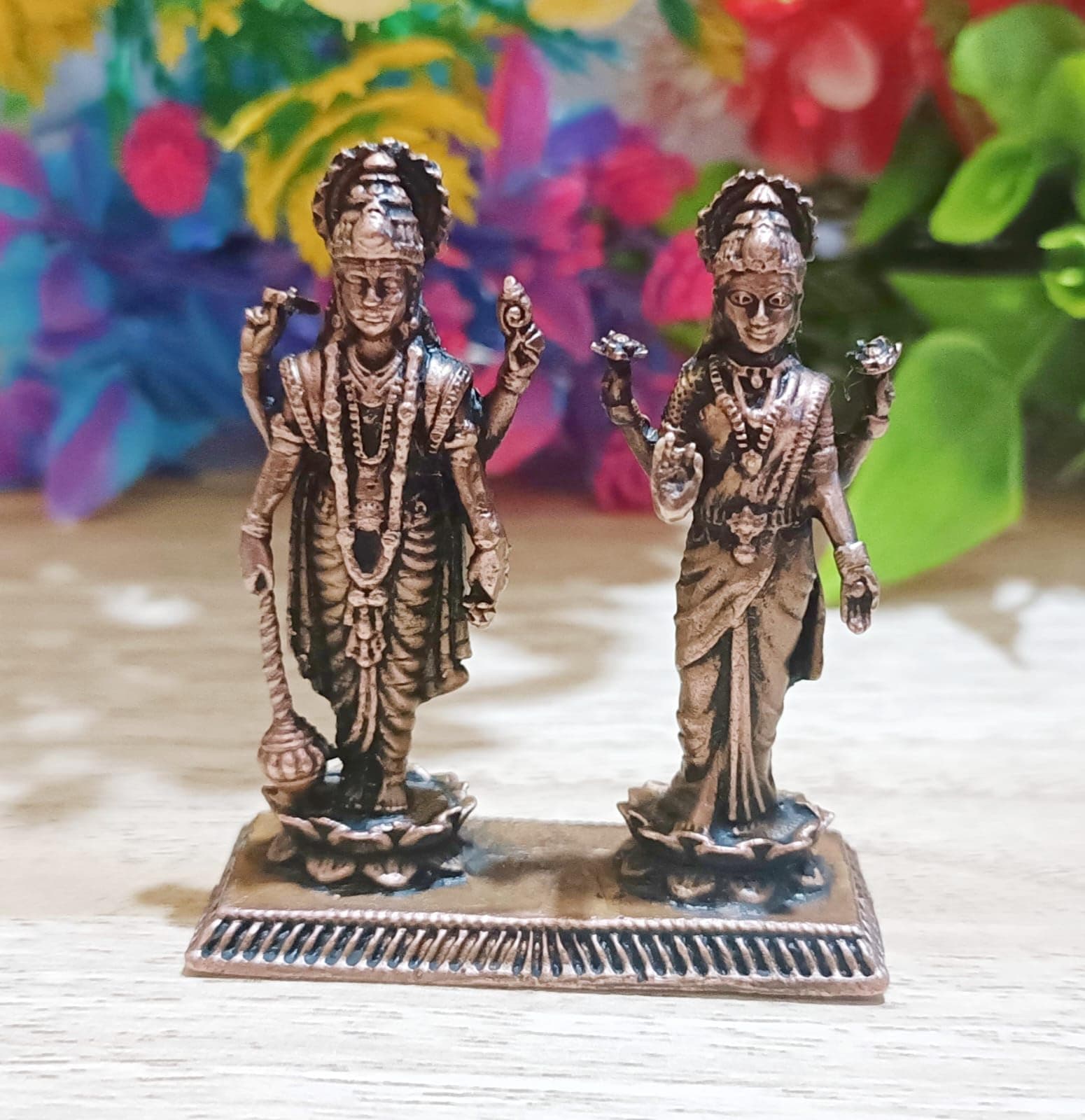 Copper Vishnu Lakshmi Idol - by Ranjani Devi Casting, Lenth 4.6 Cm, Width 2 Cm, Height 5.2 Cm, Weight 56 Grams, Patina Antique Finish, Pack of 1 Piece