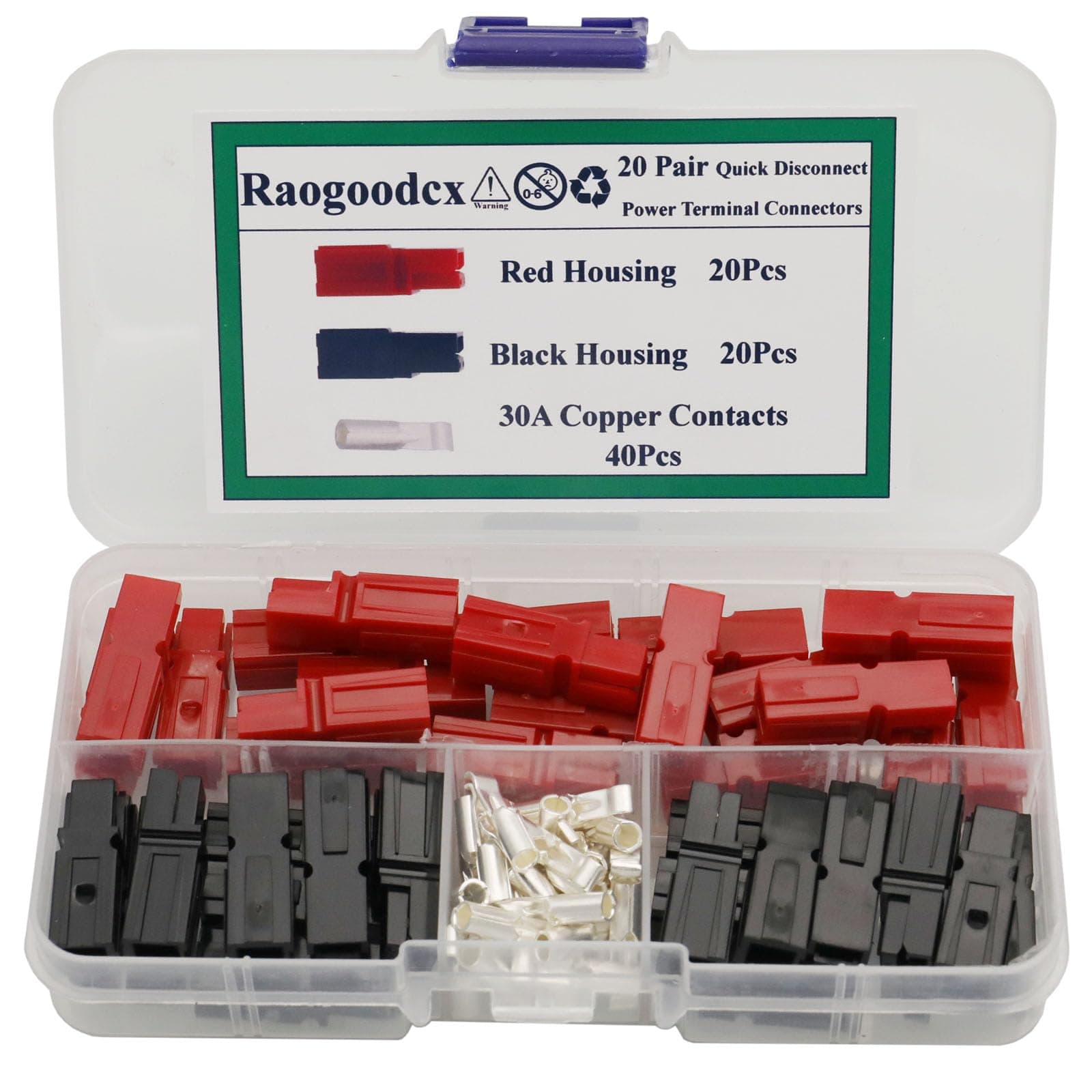 20 Pair Quick Disconnect 30AMP 600V Power Connector Kit, Copper Silver Plated Terminals, Red & Black Housings