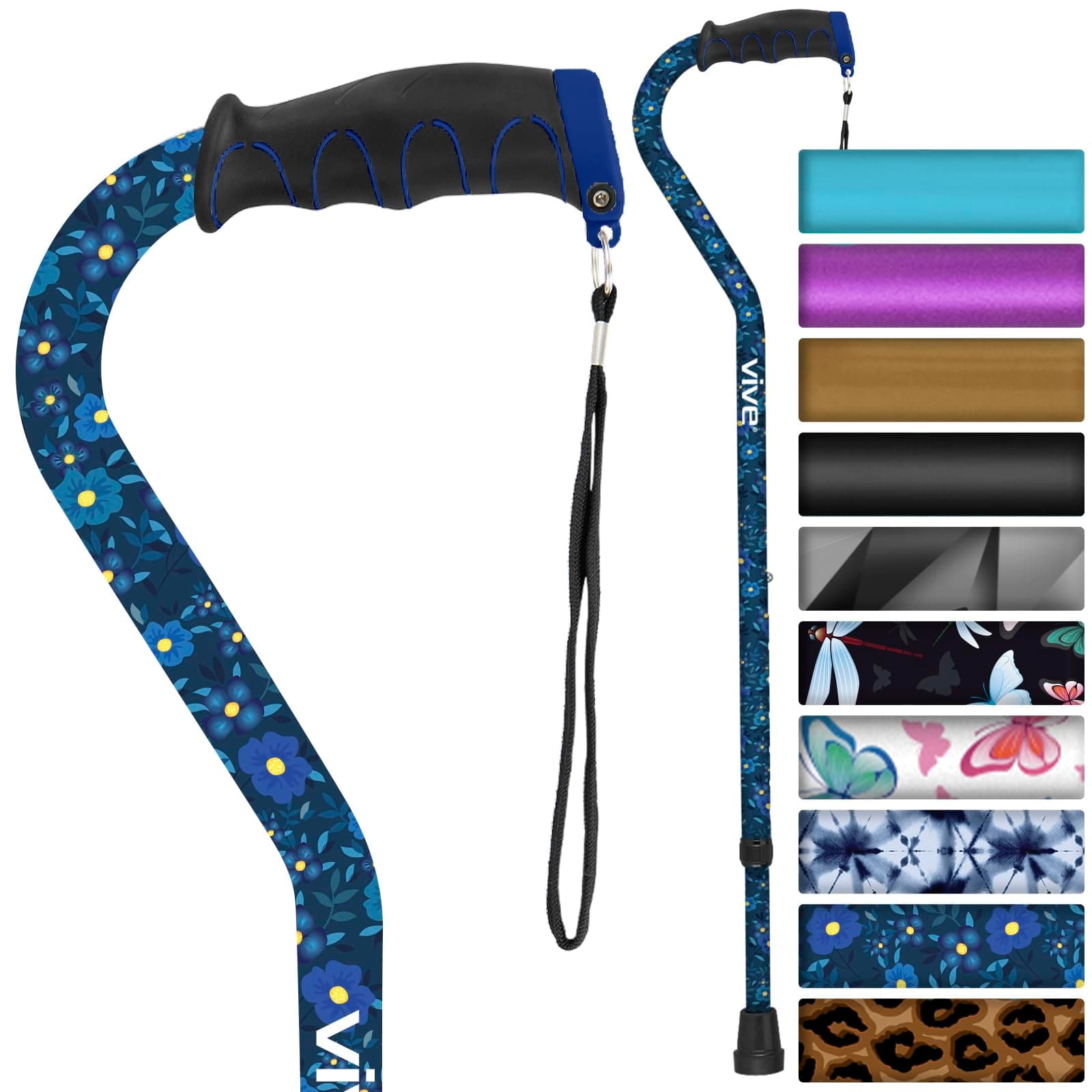 Vive Walking Cane Portable Adjustable Offset Balance Stick Lightweight & Sturdy Mobility Walker Aid For Arthritis Elderly Seniors & Handicap One Size Blue Floral