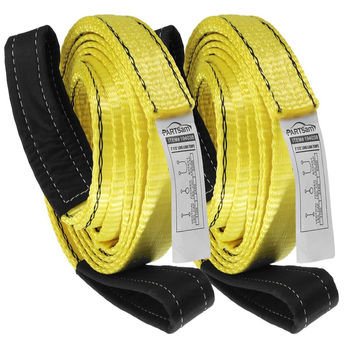 Partsam Premium 2 Pcs Crane Towing Strap 3400Dtex - Heavy Duty Web Sling - Corrosion Resistance Polyester Industrial Flat Eye-Eye Ropes (12feet x 2inch)
