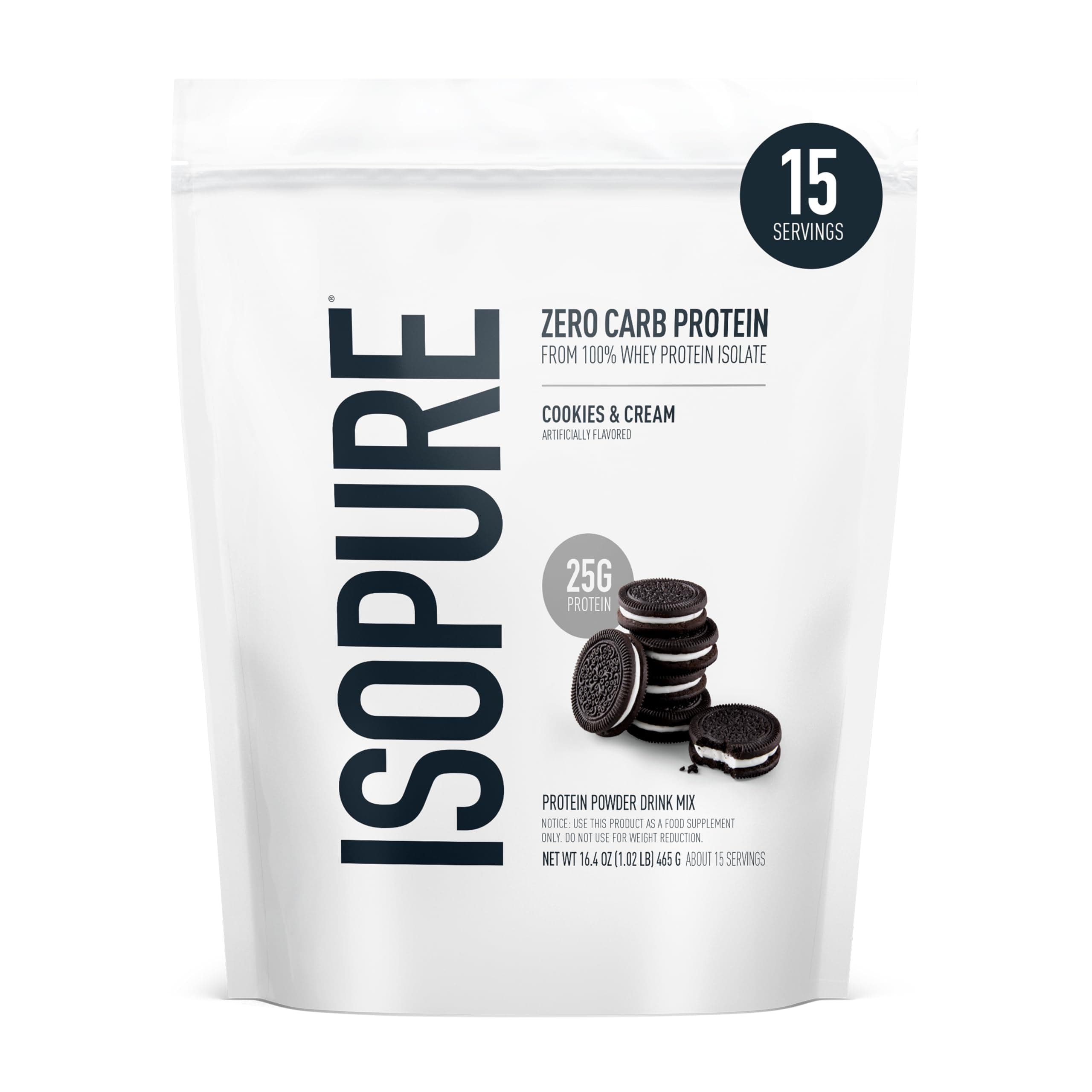 Isopure Zero Carb 100% Pure Whey Isolate Protein Powder, Gluten Free, With Vitamins, Cookies & Cream, 25g Protein Per Serving, 1 Lb, 15 Servings (Packaging May Vary)