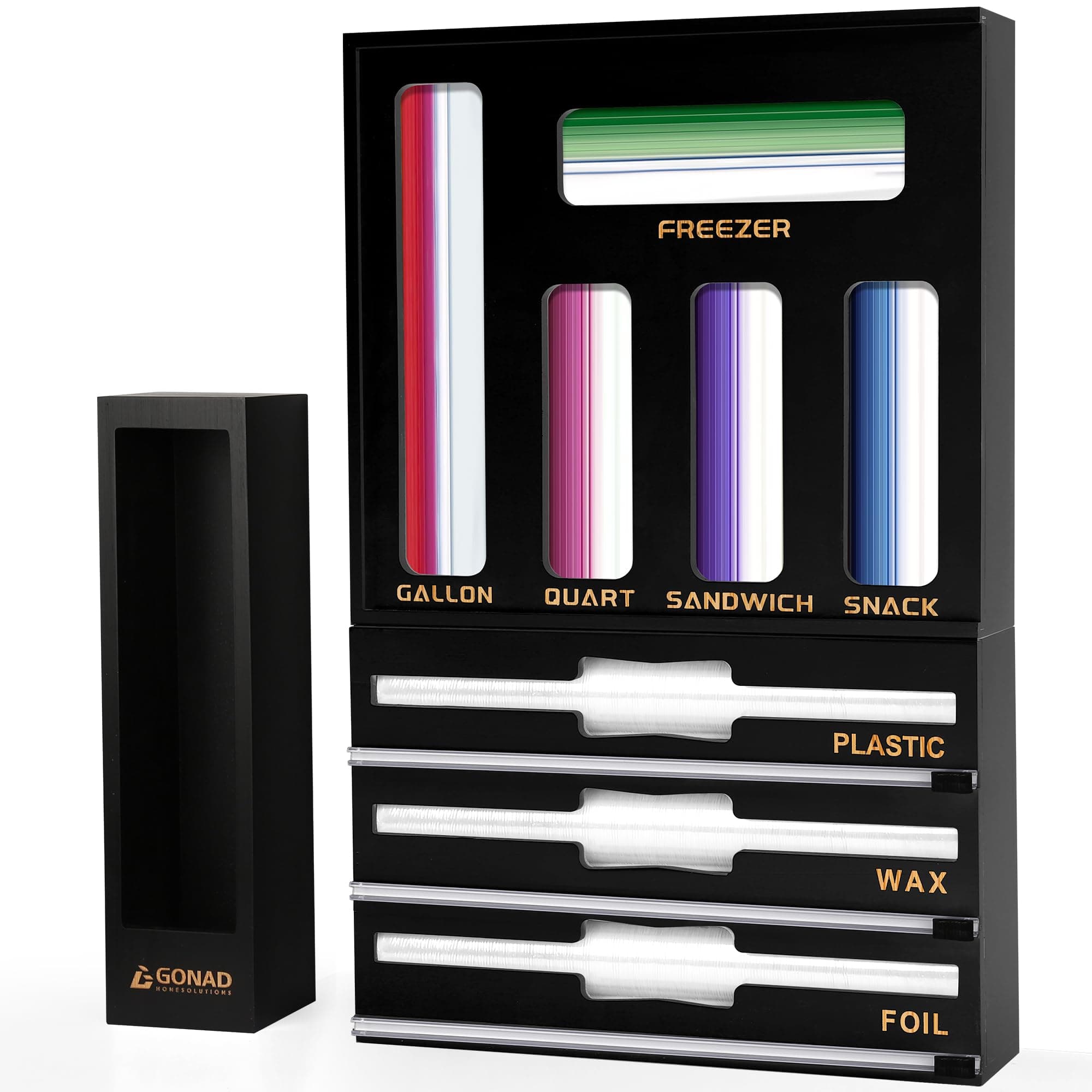 GONAD Storage Bag Organizer - Foil & Plastic Wrap Organizer with Cutter, Kitchen Storage Compatible with Gallon, Quart, Sandwich, Snack Bags & Aluminum Foil & Wax Paper, BLACK